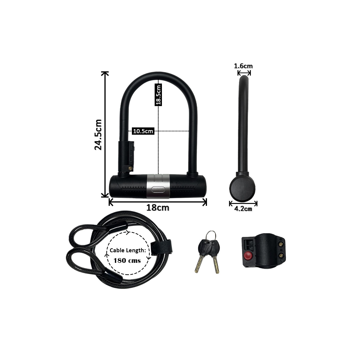 Verrou de vélo robuste à arceau en U 14&nbsp;mm et câble 10&nbsp;mm x 1,8&nbsp;m avec support de fixation pour vélo de montagne pliable et