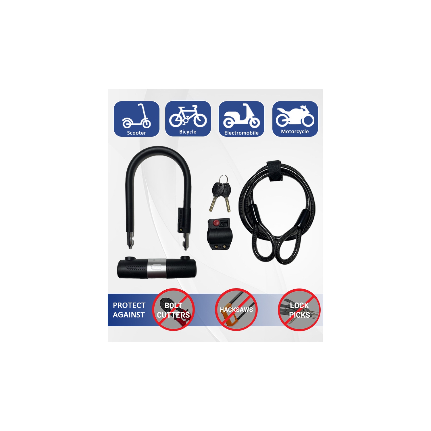 Verrou de vélo robuste à arceau en U 14&nbsp;mm et câble 10&nbsp;mm x 1,8&nbsp;m avec support de fixation pour vélo de montagne pliable et