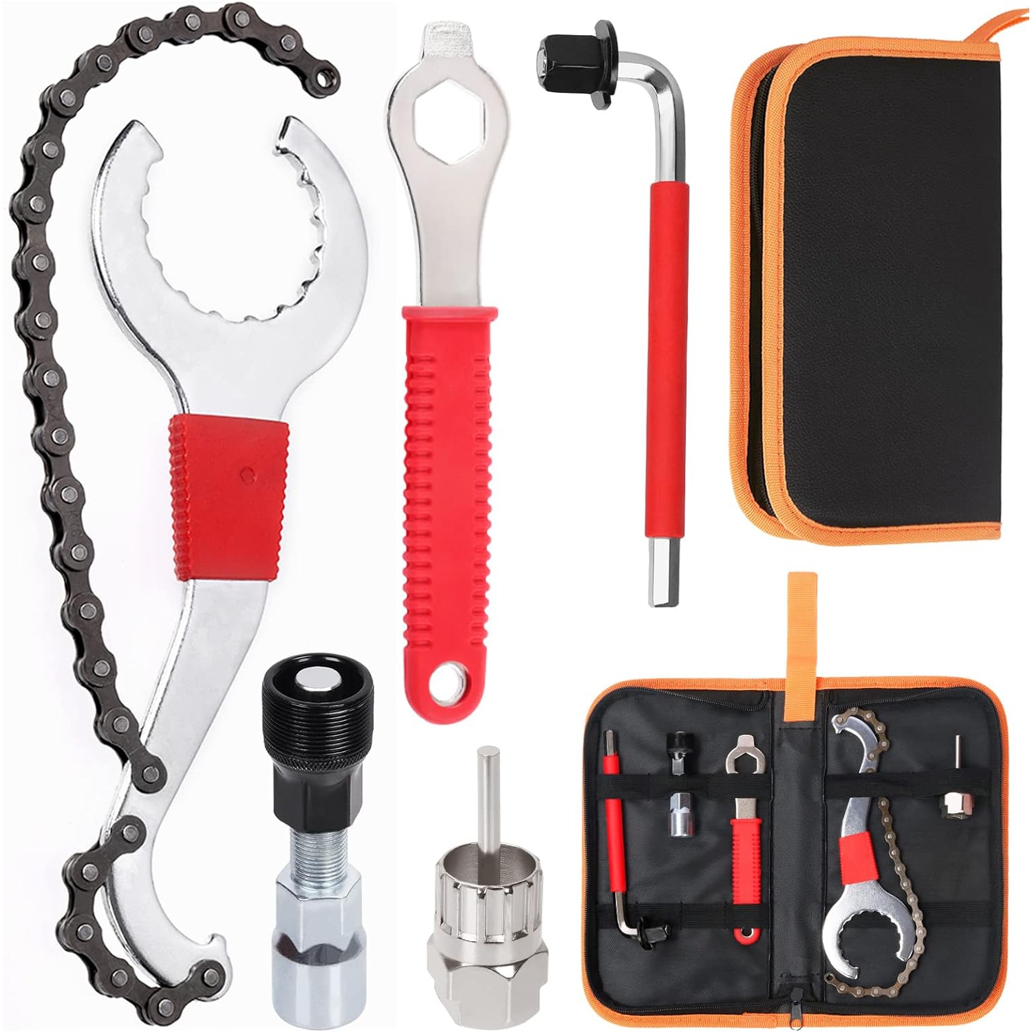 7 Pcs Bicycle Bike Repair Tool Assortment Kit, 3 in 1 Multi Bike Cassette Removal with Chain Whip, Auxiliary Wrench, Bracket Removal, Crank Puller