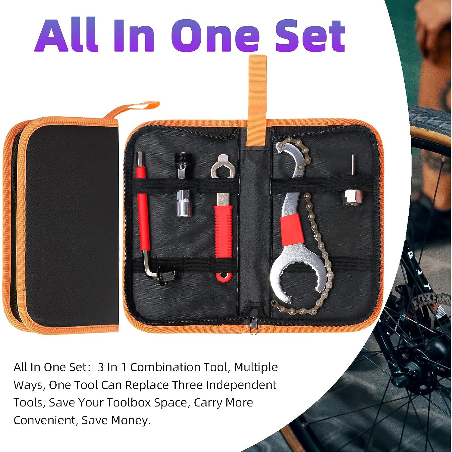 7 Pcs Bicycle Bike Repair Tool Assortment Kit, 3 in 1 Multi Bike Cassette Removal with Chain Whip, Auxiliary Wrench, Bracket Removal, Crank Puller