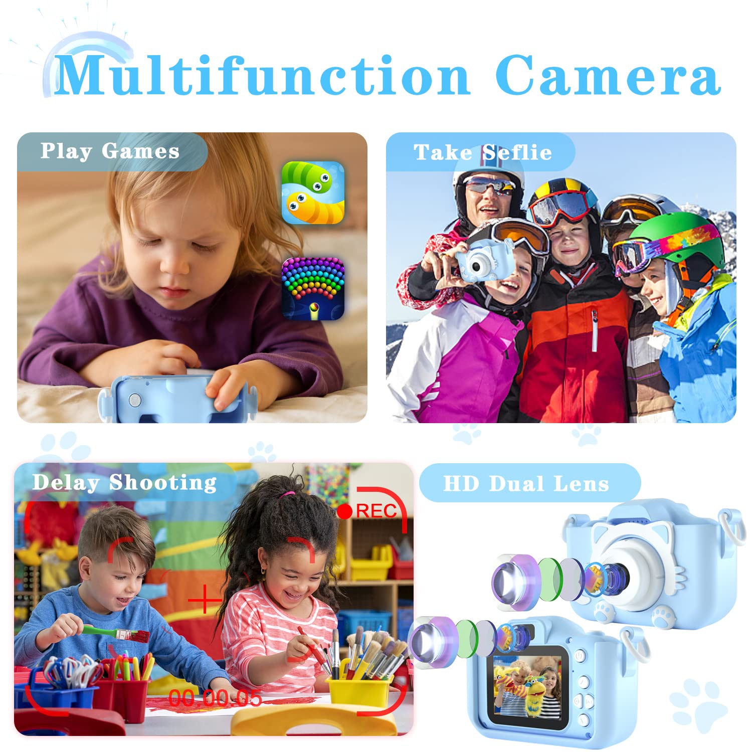 Kids Camera Toys for 3-12 Year Old Boys/Girls, Kids Digital Camera for Toddler with Video, Christmas Birthday Festival Gifts for Kids, Selfie Camera