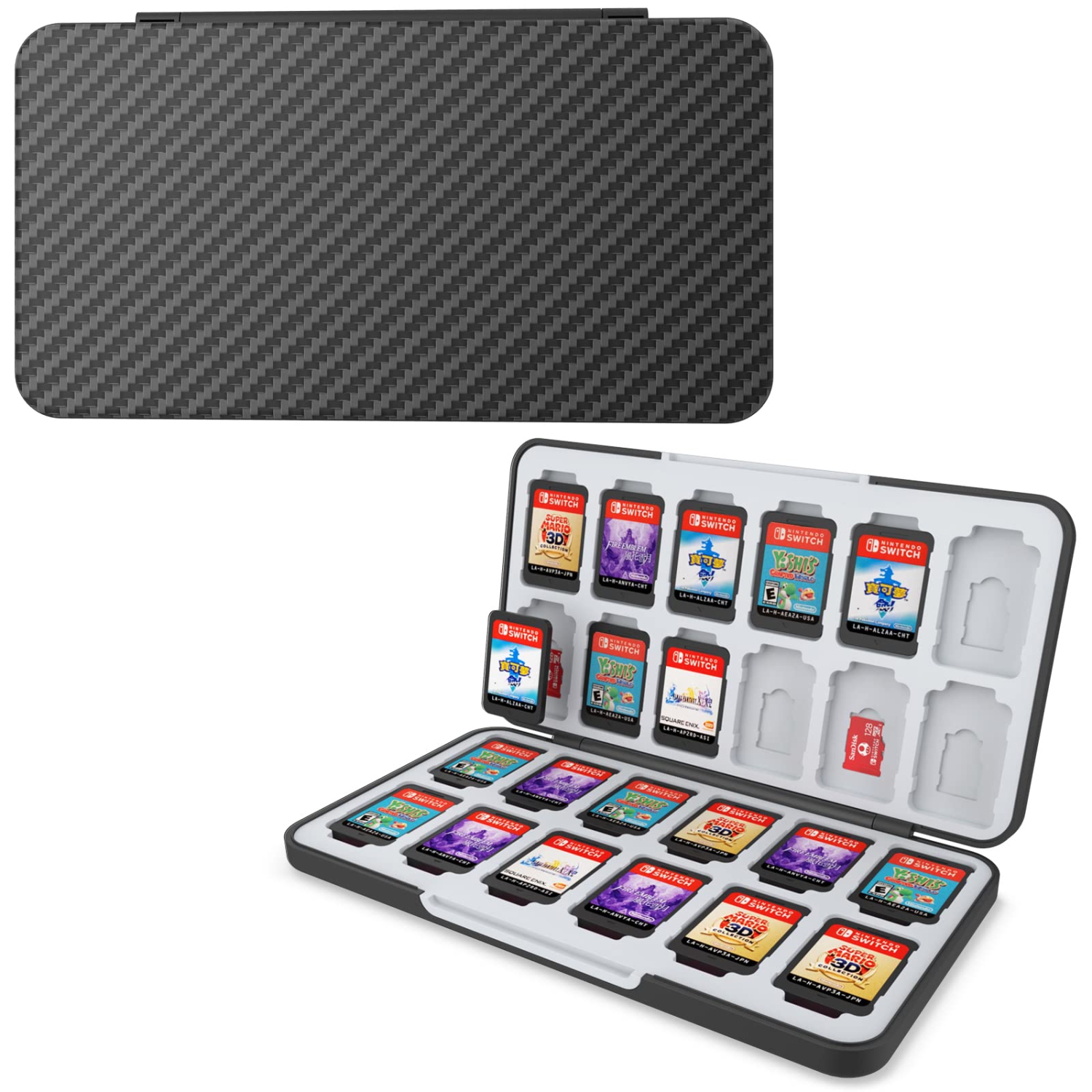 Game Card Case for Nintendo Switch Game Card, Carbon Fibre Surface Processes Design Switch Game Memory Card Storage with 24 Game Card Slots and 24 Micro SD Card Slots.