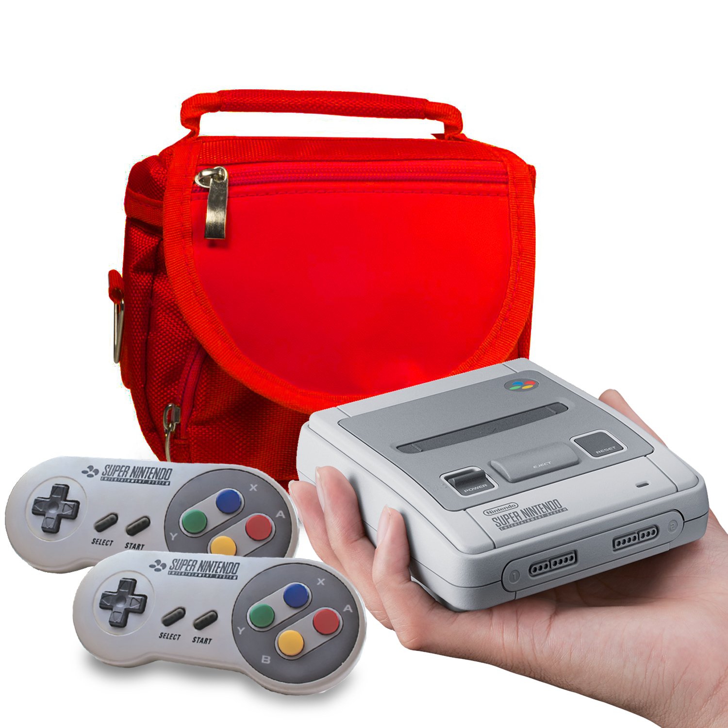 Travel Bag for Super Nintendo Mini Classic Edition (New 2017 Model Mini Version of Super NES) - Fits Console + Cable + 2 Controllers - Includes Shoulder Strap + Carry Handle - RED