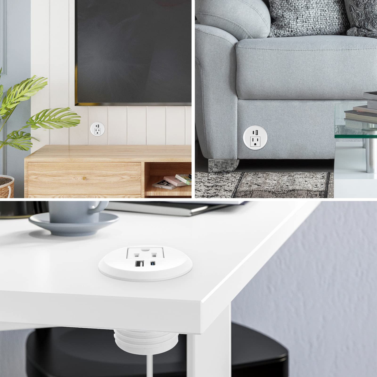 2 inch Desk Power Grommet Outlet, Power Strip Socket, 18W PD Fast Charging USB-C Grommet,Connect 1 AC Plug, Power Station Center for Furniture