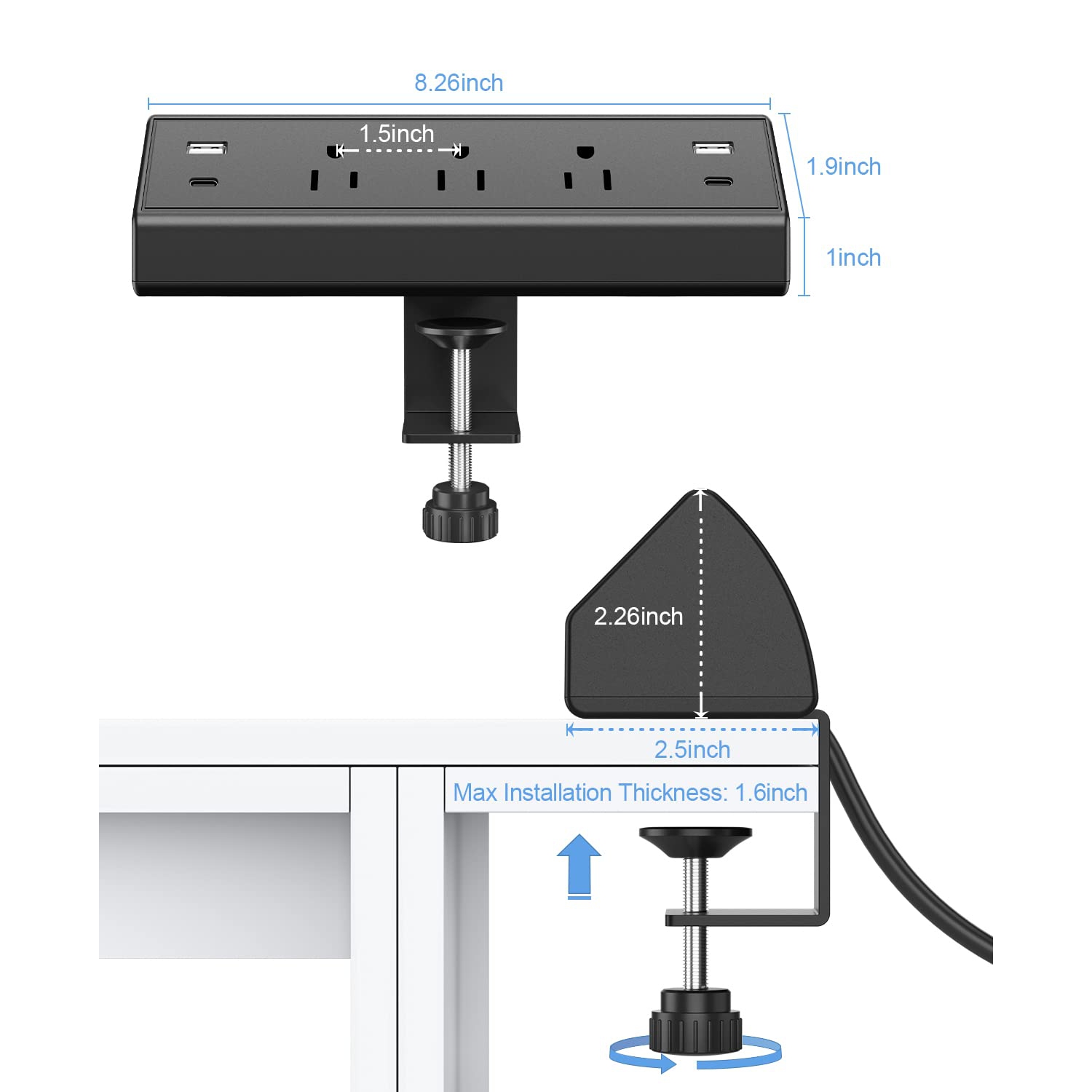 Desk Clamp Power Strip,Desktop Mount Surge Protector,40W Fast Charging Station,2 PD 20W USB C Ports,3 Outlets,6FT Flat Plug for Home,Office,Fit 1.6"