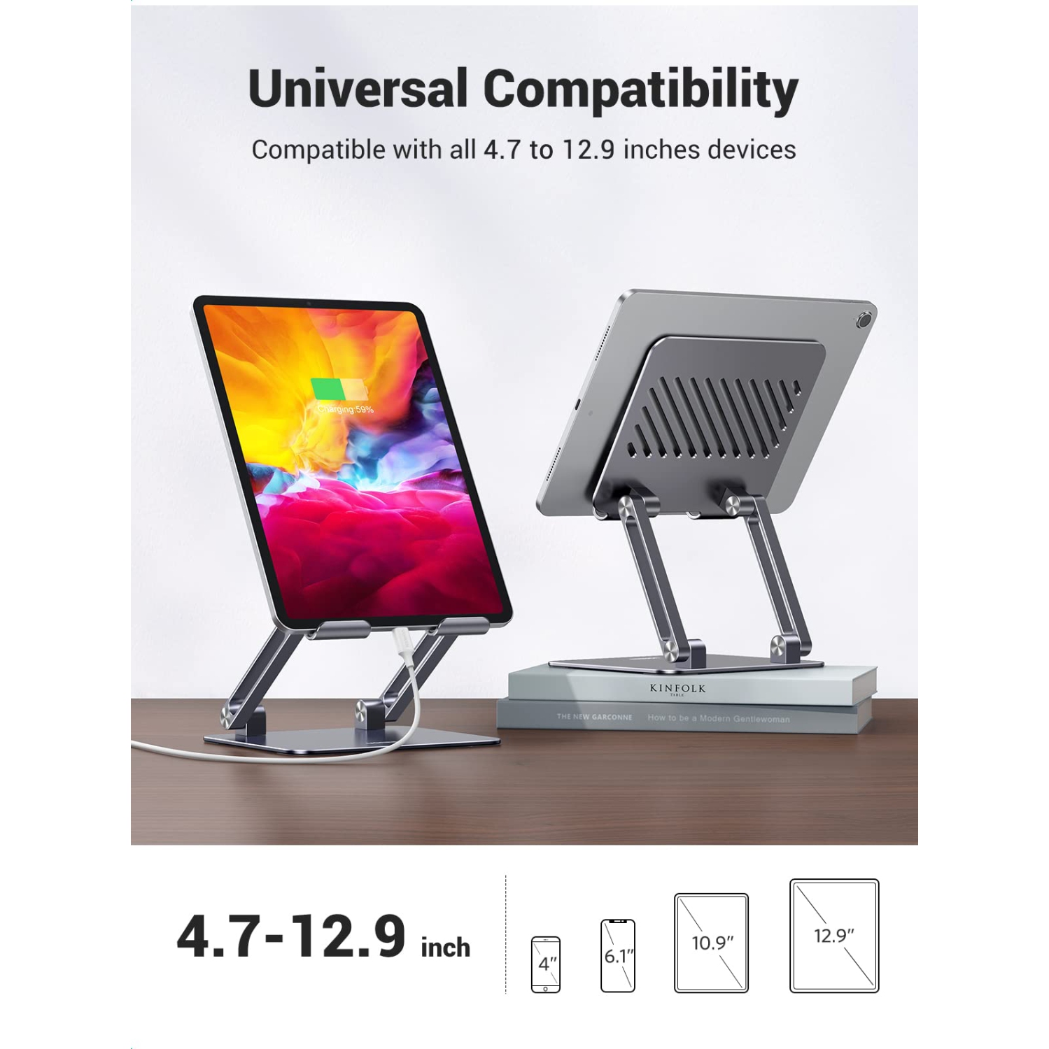 Tablet Stand Holder for Desk, Aluminum Desktop Tablet Holder Dock Adjustable Foldable Riser Compatible with iPad Pro 12.9, 9.7, 10.5, iPad Air, iPad