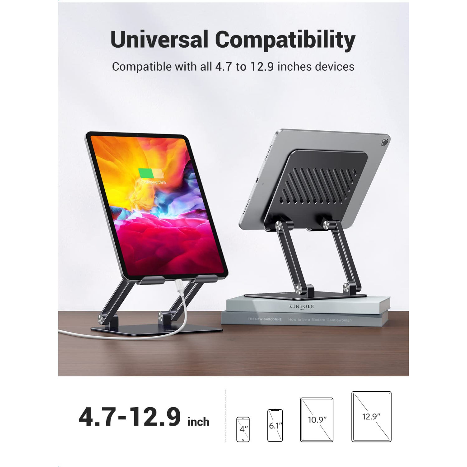 Tablet Stand Holder for Desk, Aluminum Desktop Tablet Holder Dock Adjustable Foldable Riser Compatible with iPad Pro 12.9, 9.7, 10.5, iPad Air, iPad
