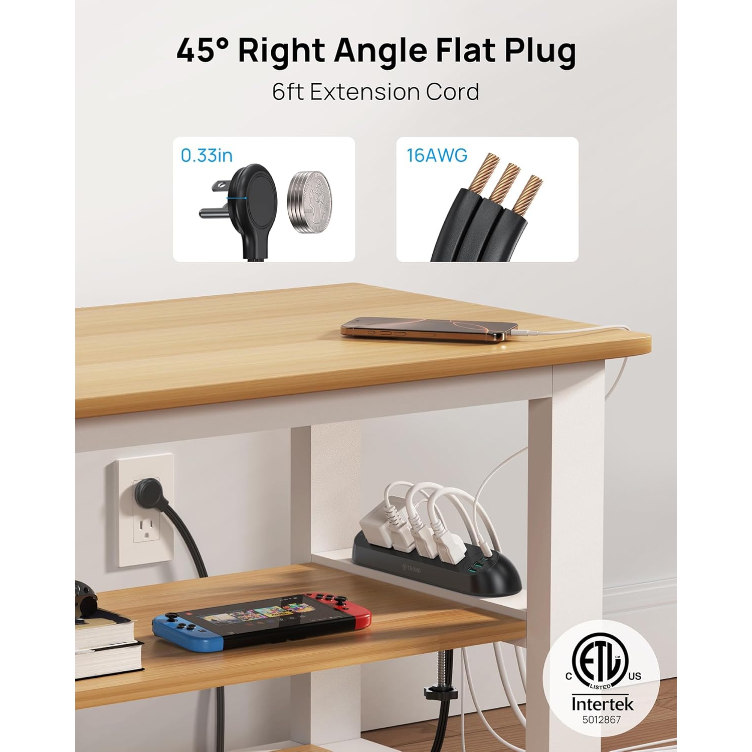 Desk Clamp Power Strip with USB-C PD 20W, Surge Protector, 4 AC Outlets & 4 USB Ports, ETL Listed, 6ft Flat Plug Extension Cord, Fits 1.97" Table