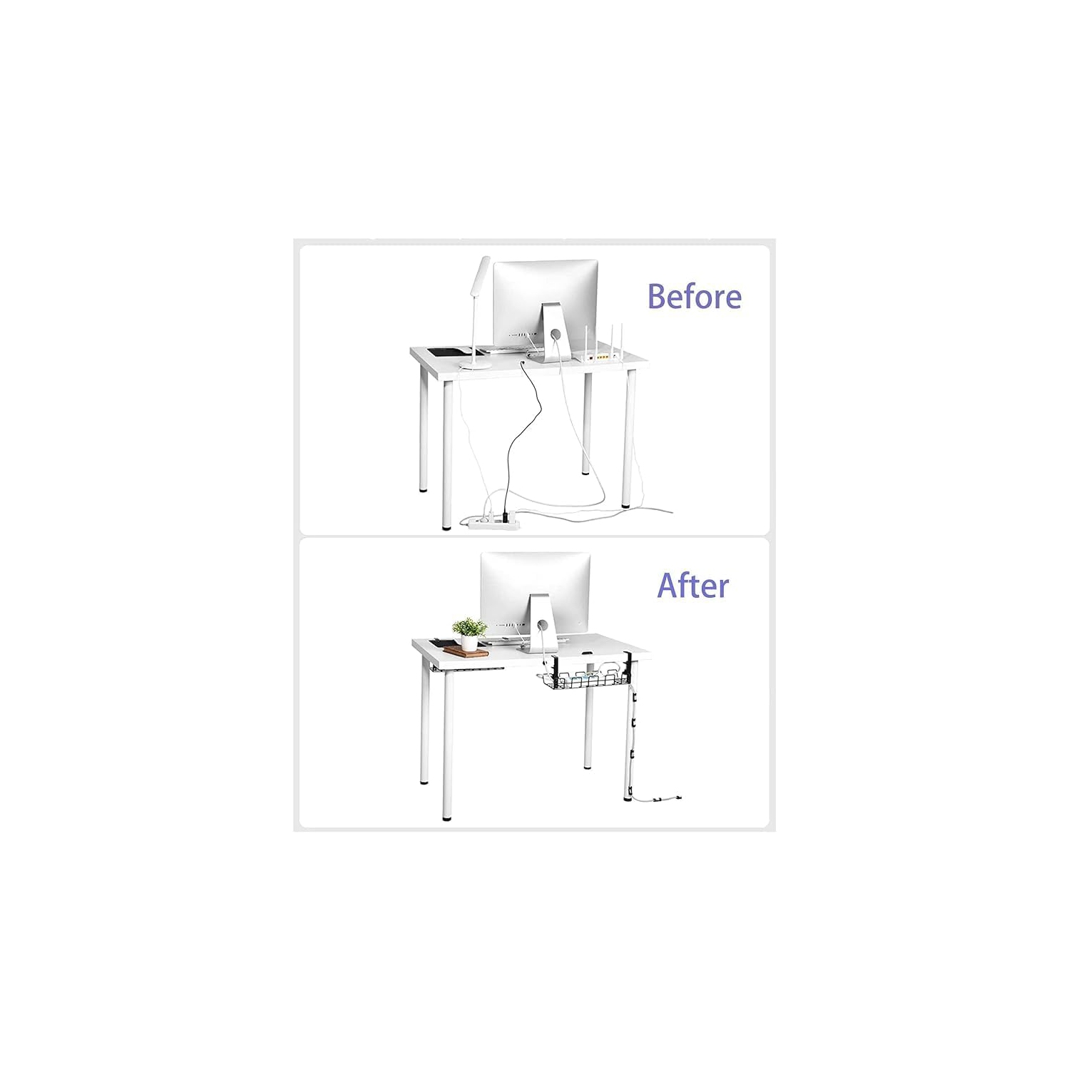 Under Desk Cable Management Tray, Upgraded Long Clamp, Inward Or Outward,  Cord Organizer for Desk, Desk Wire Management,Under Table Cable Management