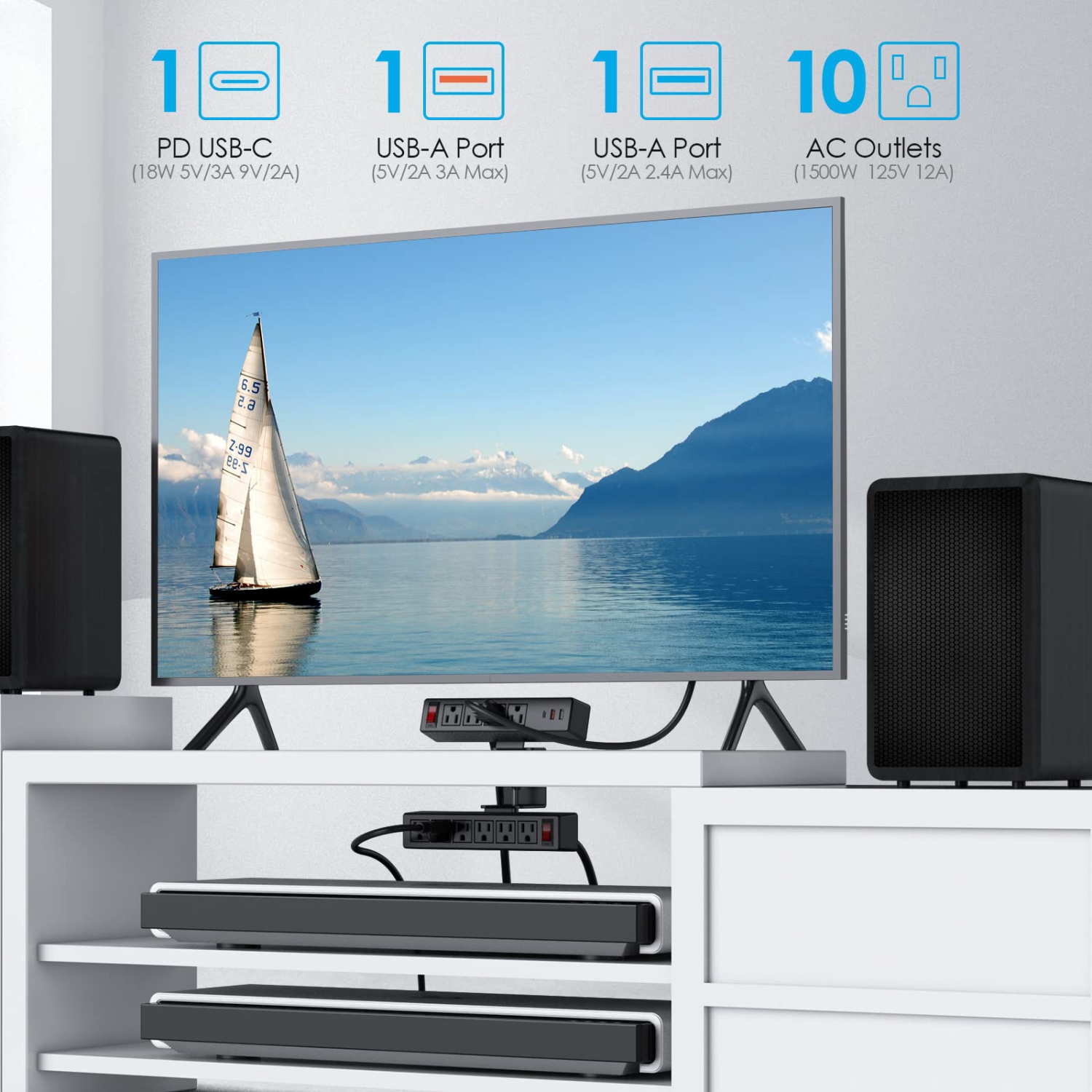 Barre d'alimentation 2-en-1 Desktop Edge, prise de courant à pince amovible sous le bureau 6AC prises avec commutateur et 4 prises c.a. 2 ports