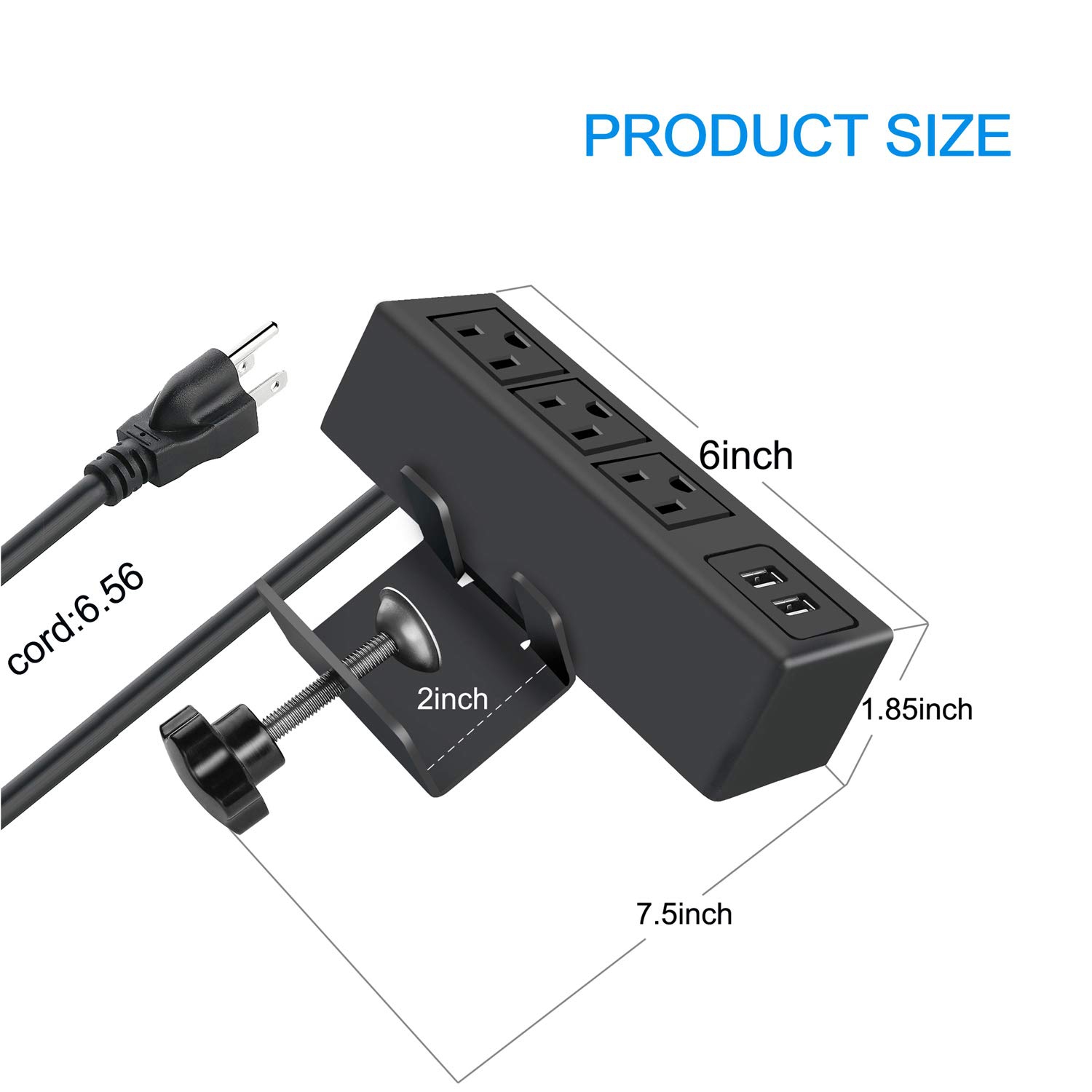 3 Outlet Desk Clamp Power Strip, Desk Mount USB Charging Power Station, Removable Desktop Power Center Plugs Output 125V/60HZ/12A/1500W, USB 5V/2.1A