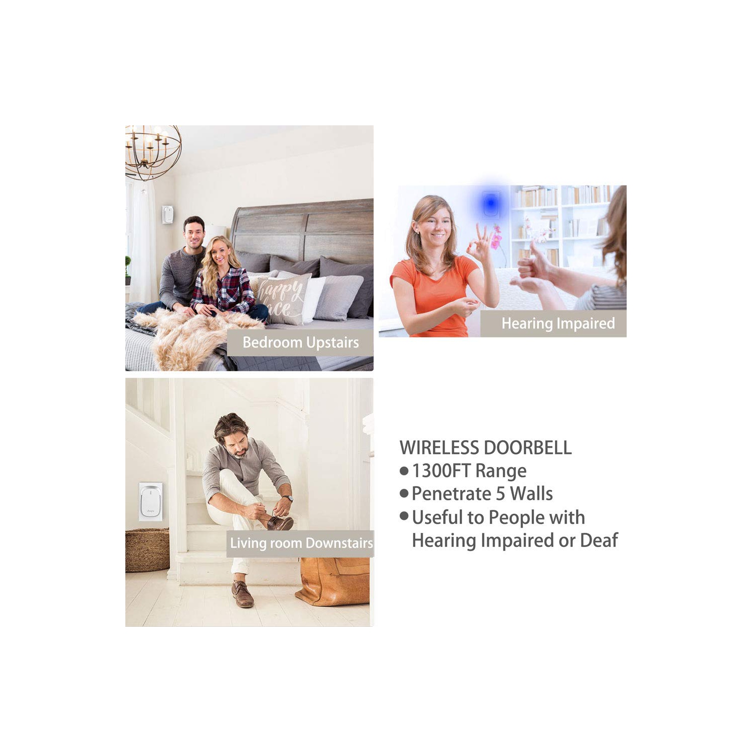 Wireless Doorbell, 2-Plugin Receivers, 2-Transmitters, Battery Included, 1300ft Range, 58 Chimes, 4 Volume, Loud, Bright LED Indicator, Waterproof,