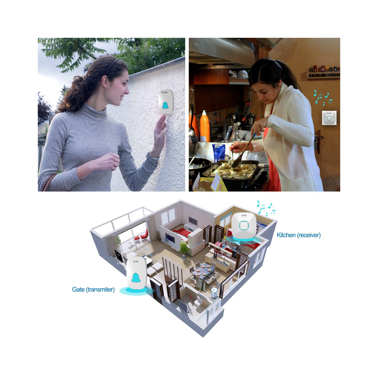 Sonnette, ensemble de carillon de porte sans fil étanche avec 36 Chimes, volume réglable; 1000feet dB de fonctionnement, avec sonnette de porte à DEL