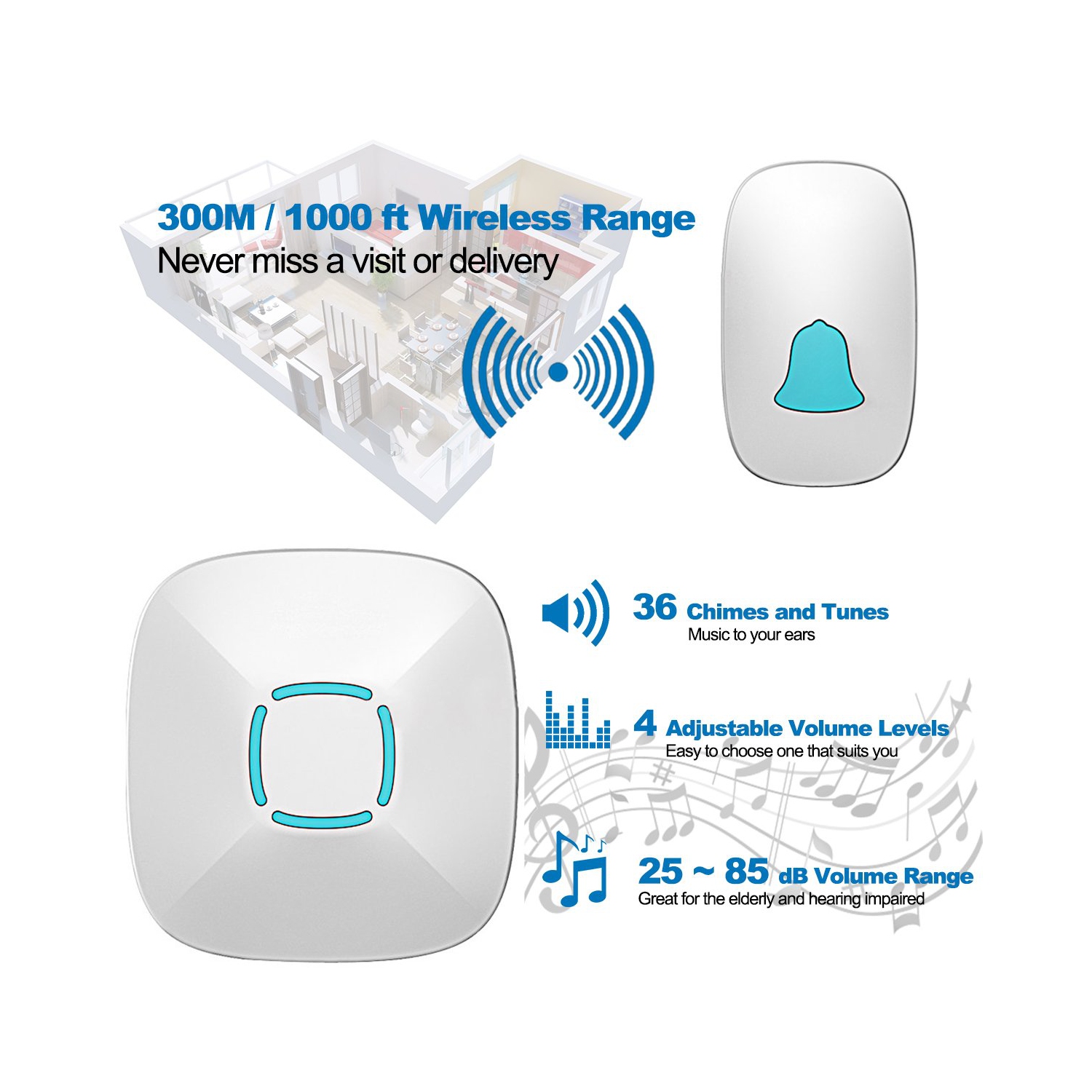 Sonnette, ensemble de carillon de porte sans fil étanche avec 36 Chimes, volume réglable; 1000feet dB de fonctionnement, avec sonnette de porte à DEL