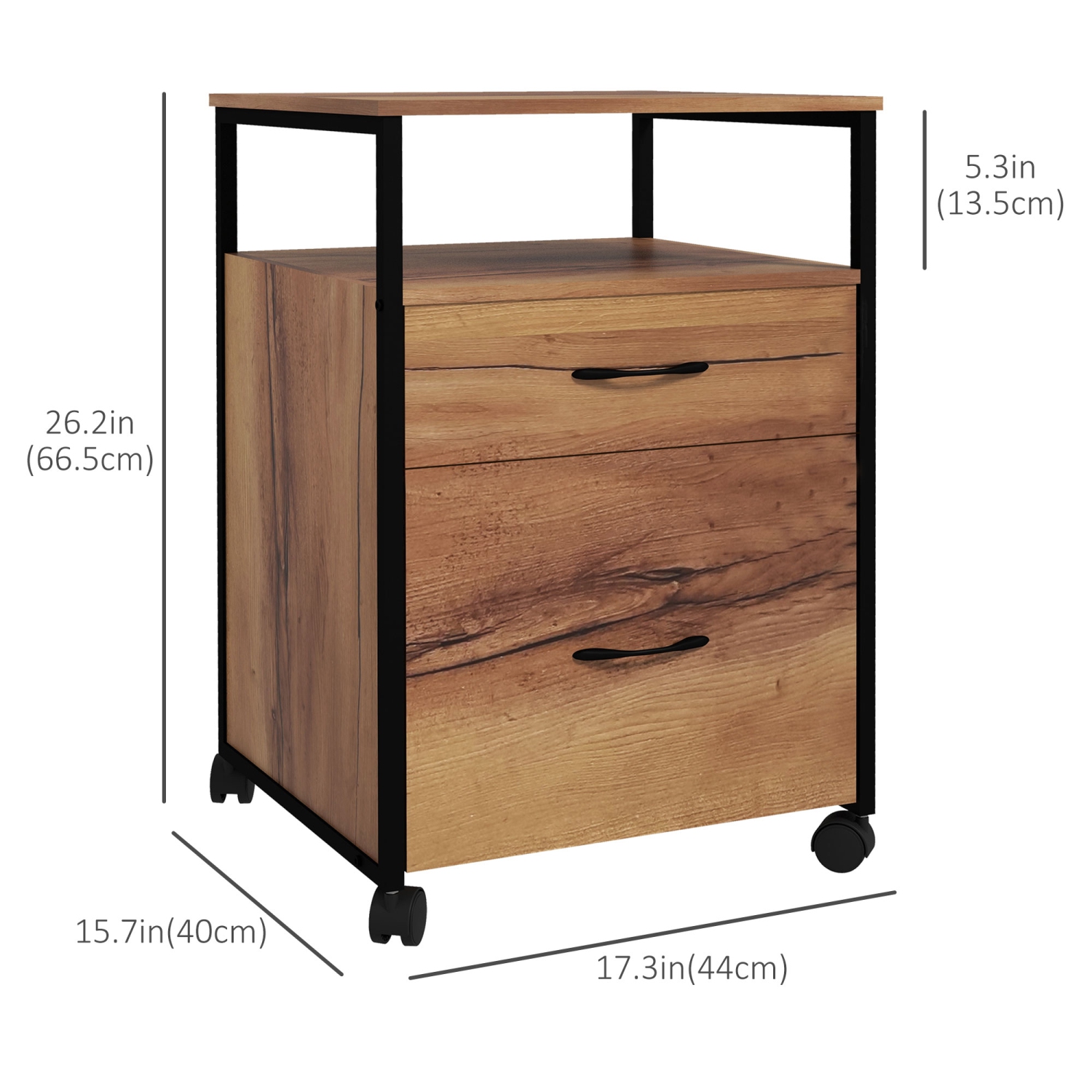 Vinsetto Vertical Filing Cabinet with Wheels, 26.2" Tall File Cabinet with 2 Drawers, Open Shelf, Hanging Bars for Letter and A4 Size, Industrial