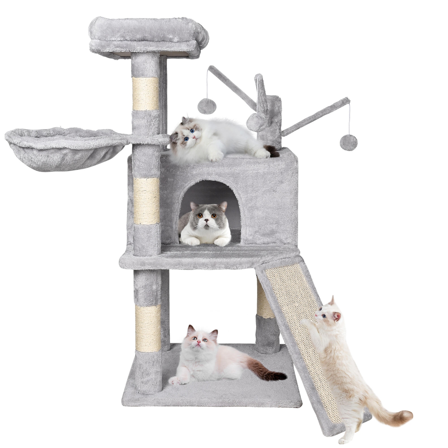 Petites grattoirs pour chats gris, tour pour chats avec hamac et grande planche à gratter en sisal