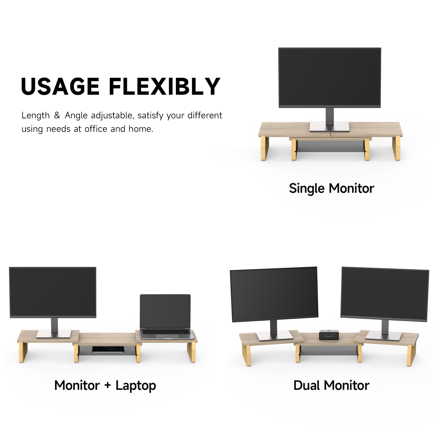 Support pour deux moniteurs de Fenge – Support pour moniteur d'ordinateur à  3 tablettes, support de bureau en bois avec longueur et angle réglables,  accessoires de bureau, chêne