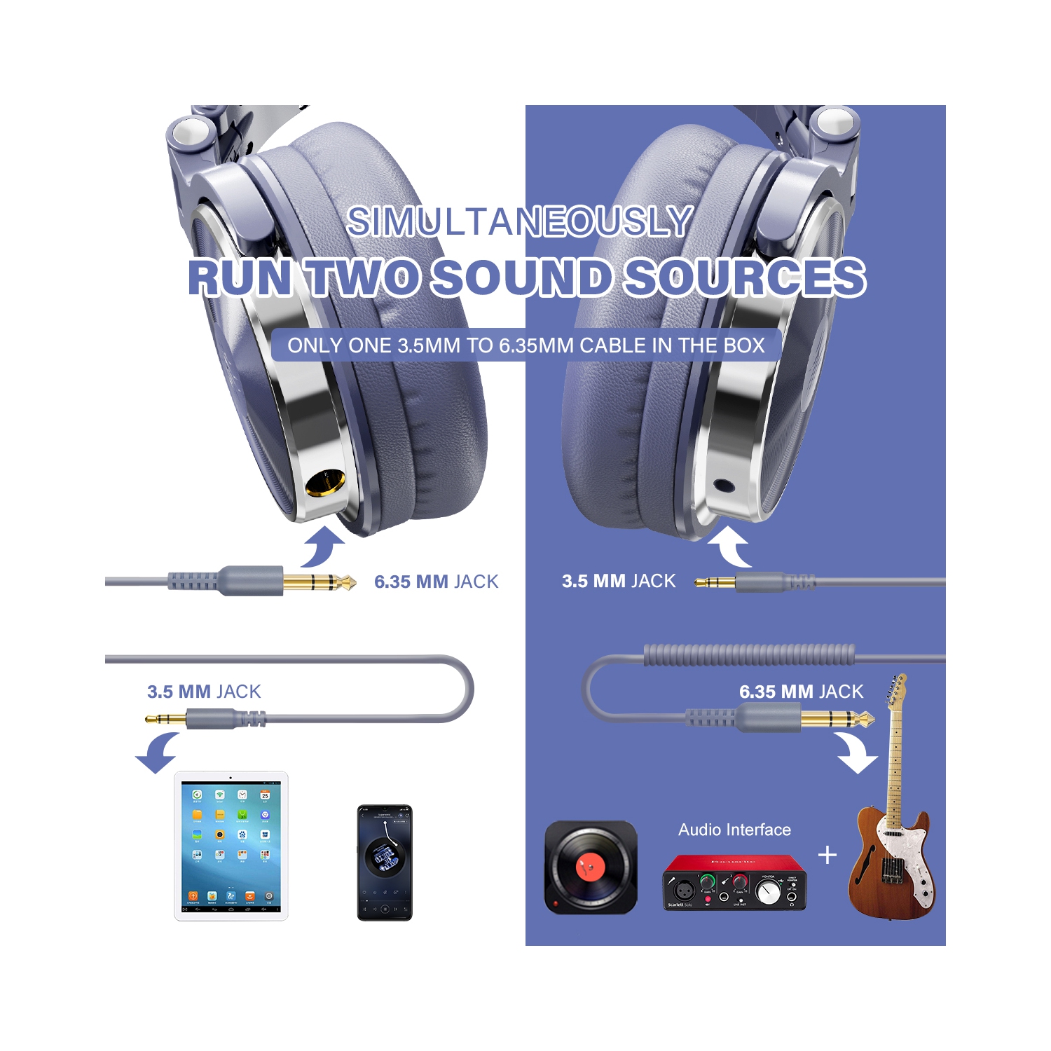 Casque d'écoute avec fil de OneOdio avec deux prises pour microphone pour jeunes adultes - Bleu pâle