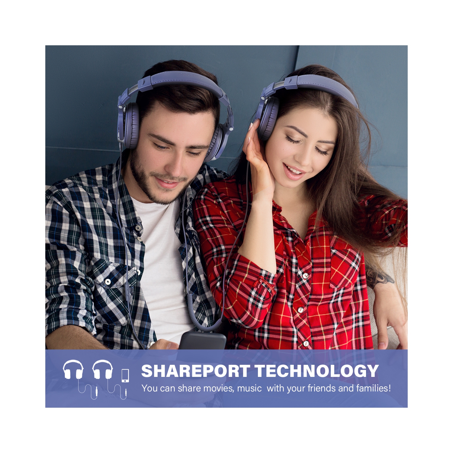 Casque d'écoute avec fil de OneOdio avec deux prises pour microphone pour jeunes adultes - Bleu pâle