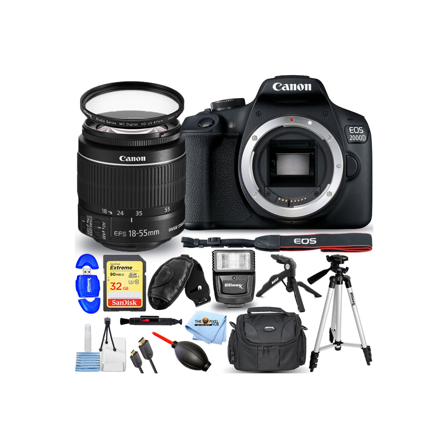 Canon EOS 2000D / Rebel T7 with 18-55mm IS II Lens + 32GB + Flash + UV Bundle