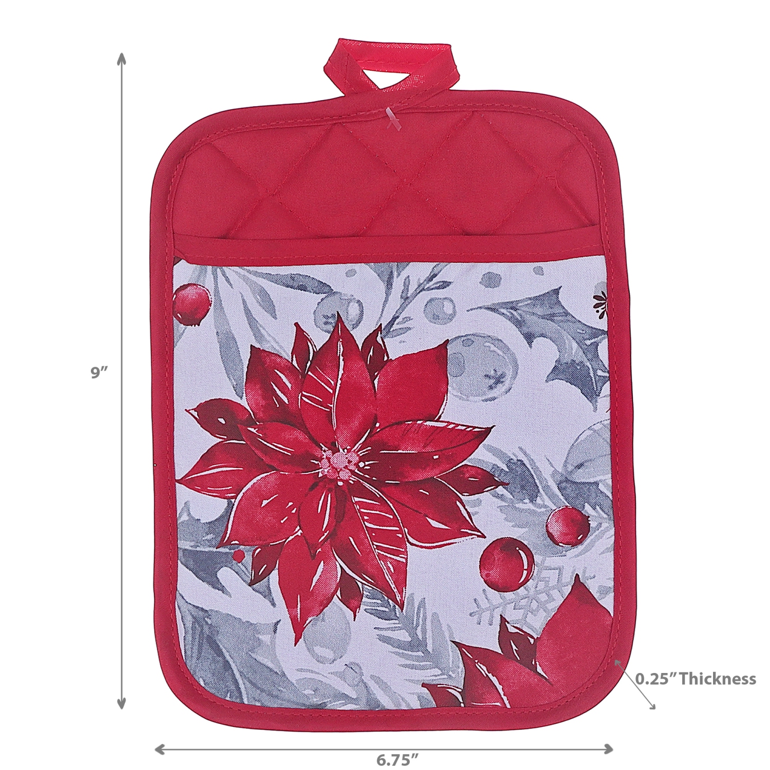 Maison Concepts Christmas Pot Holder With Pocket Red Poinsettia - Set of 4