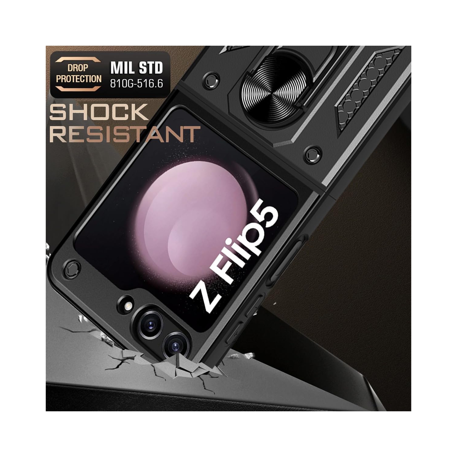 Samsung Galaxy Z Flip 5 Case with Ring Kickstand, Shockproof Flip Phone Case for Galaxy Z Flip 5 5G Support Magnetic Car Mount , Black