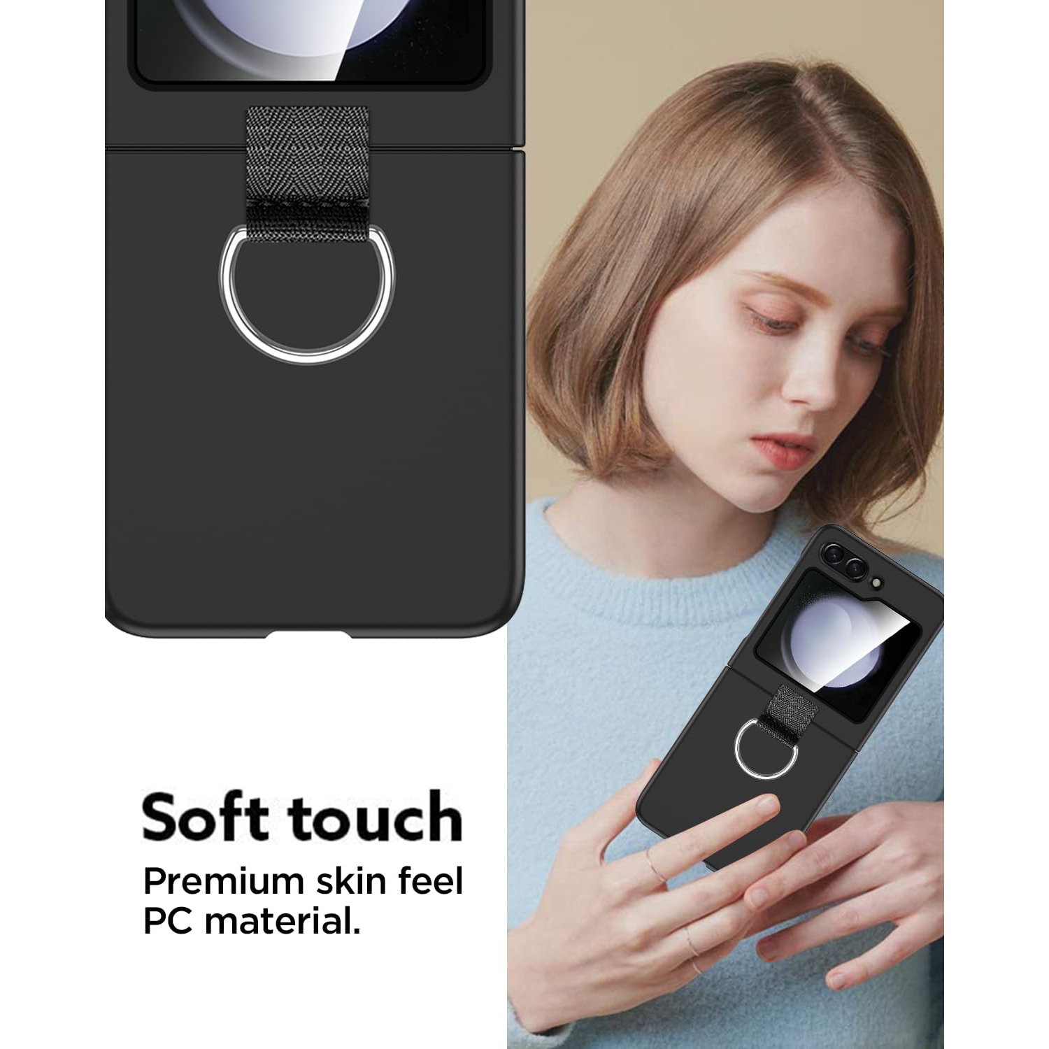 Samsung Galaxy Z Flip 5 Case with Ring, Protective Slim Thin Fit Women Girl Cute Phone Case for Samsung Galaxy Z Flip 5 5g, Black