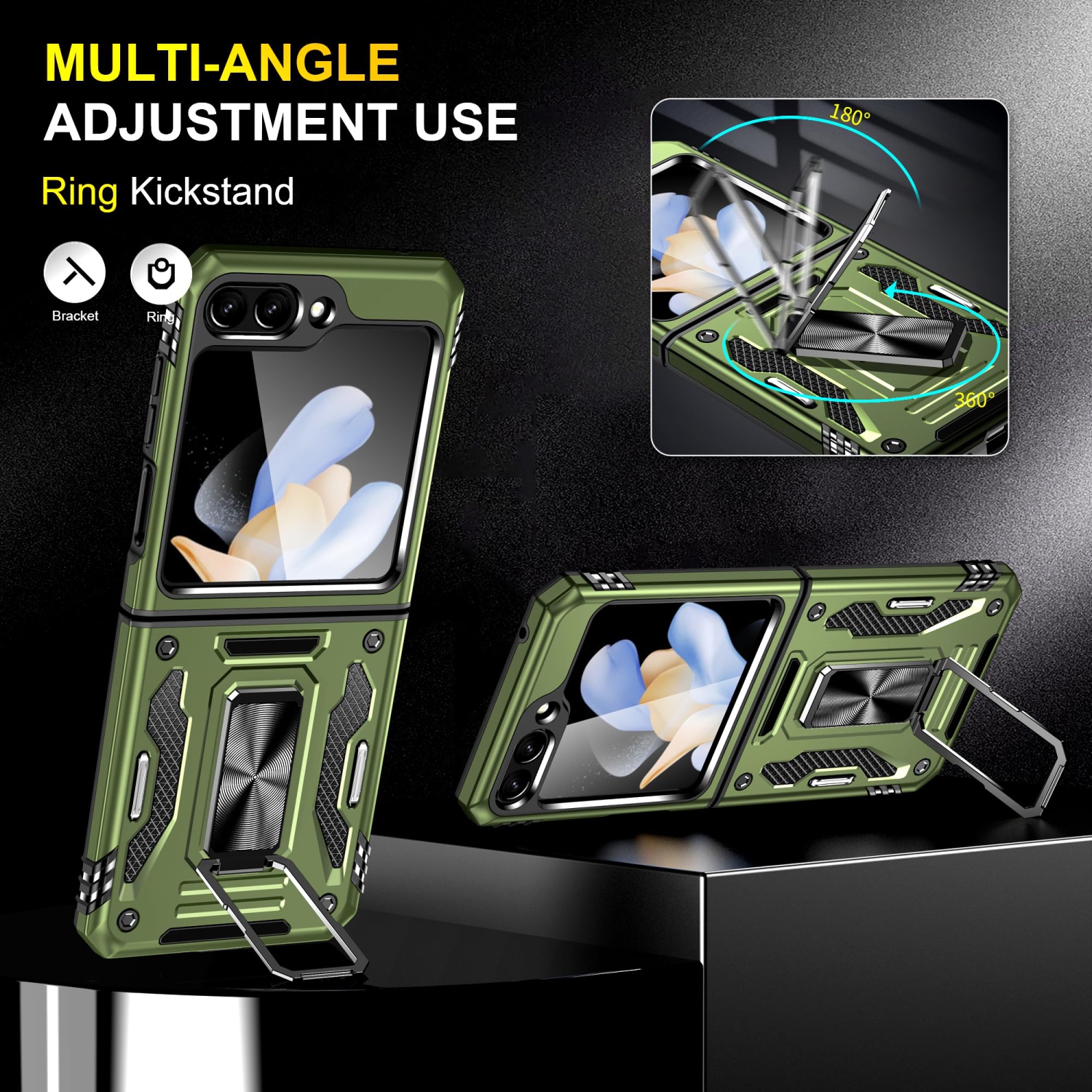 Étui antichoc Flip Z 5 de Z Flip 5 avec anneau magnétique rotatif 360° pour Galaxy Z Flip 5 5G 2023 de Samsung - Vert