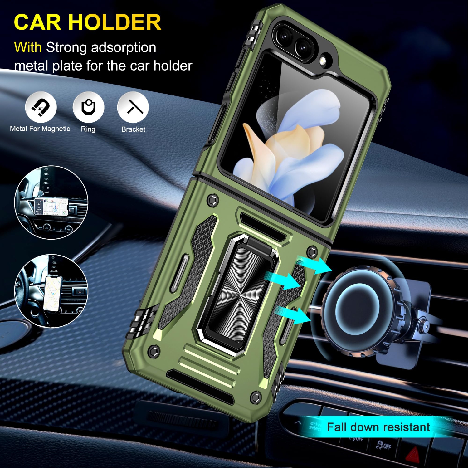 Étui antichoc Flip Z 5 de Z Flip 5 avec anneau magnétique rotatif 360° pour Galaxy Z Flip 5 5G 2023 de Samsung - Vert