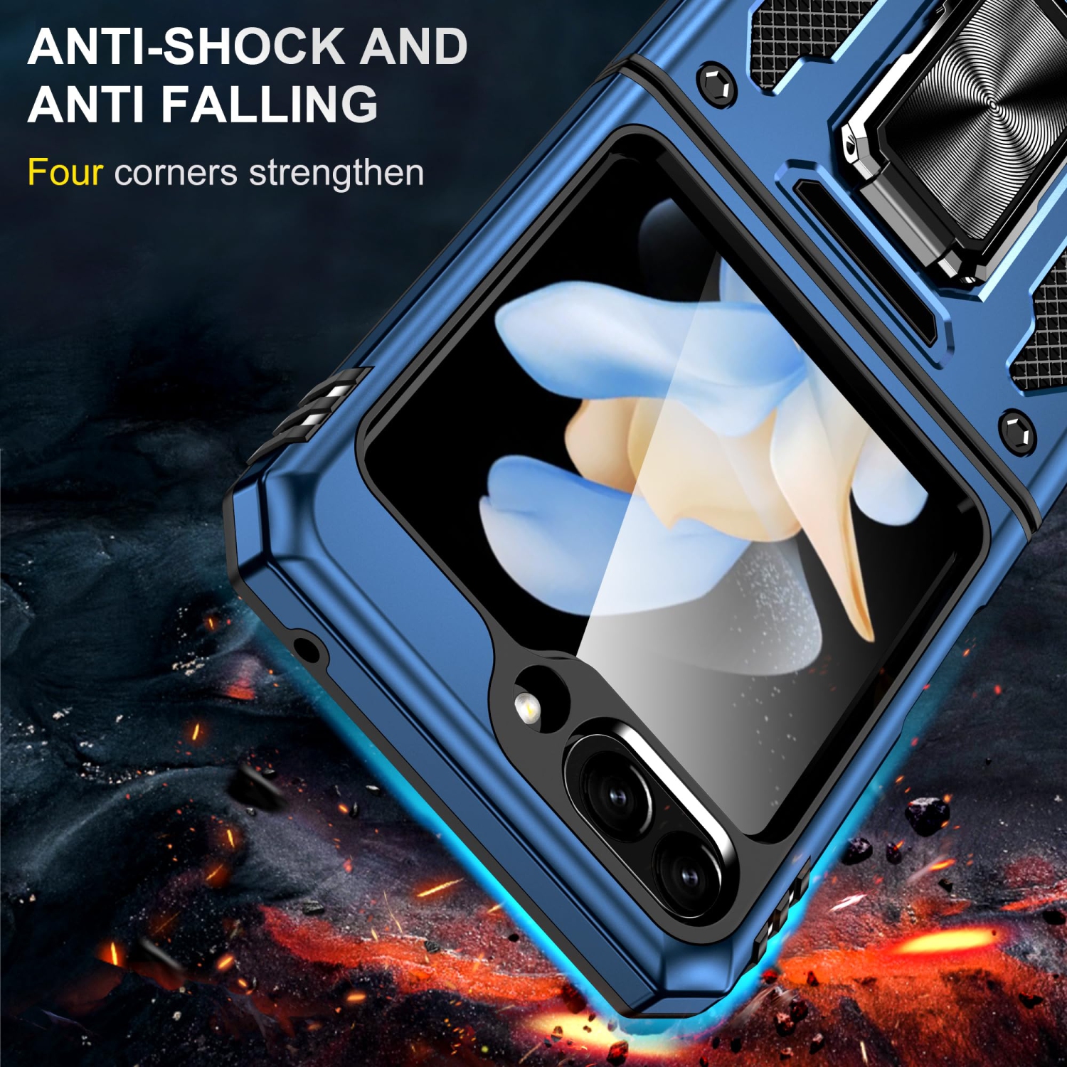 Z Flip 5 Case Shockproof Flip Z 5 Phone Case with 360°Rotate Magnetic Ring Stand for Samsung Galaxy Z Flip 5 5G 2023 - Blue