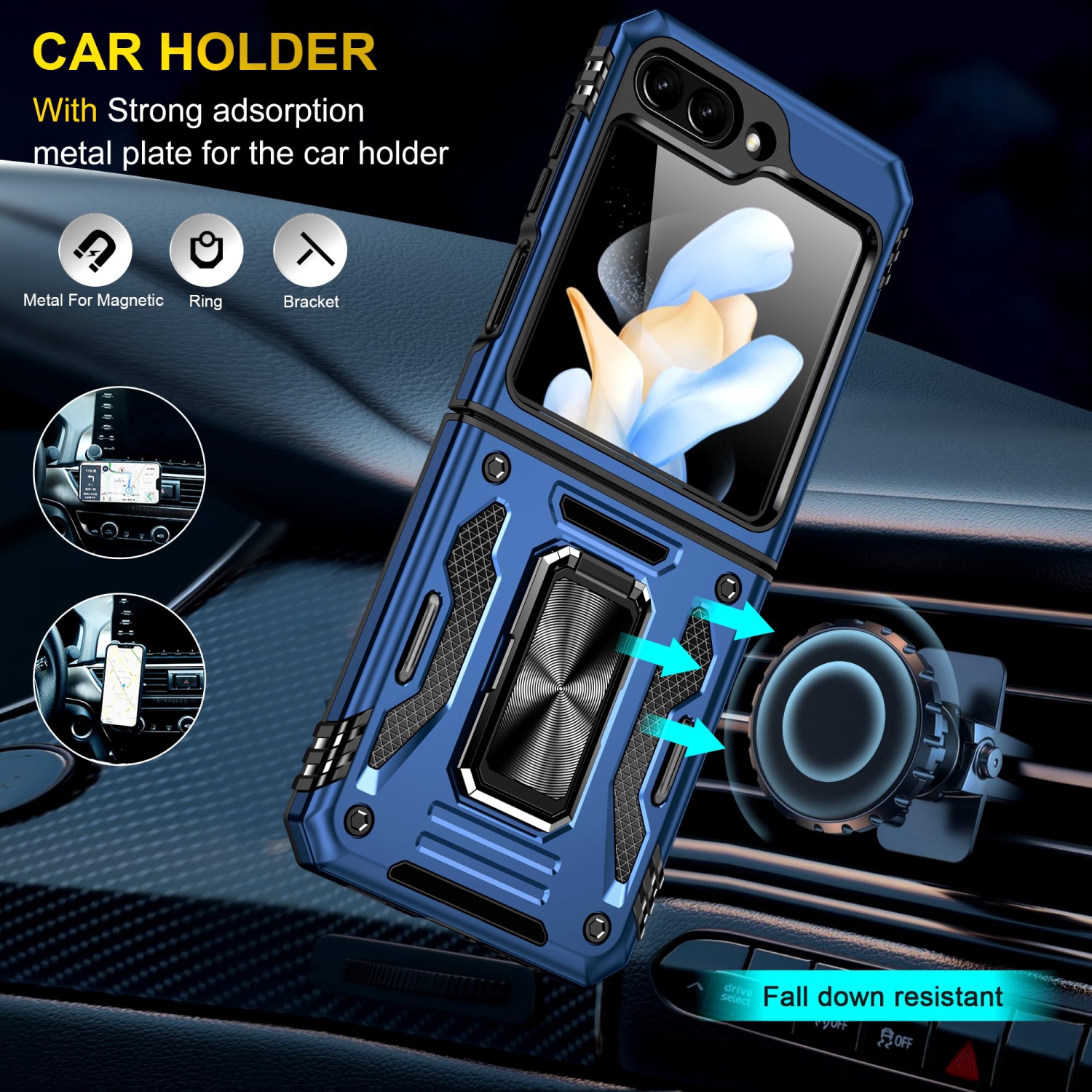 Z Flip 5 Case Shockproof Flip Z 5 Phone Case with 360°Rotate Magnetic Ring Stand for Samsung Galaxy Z Flip 5 5G 2023 - Blue