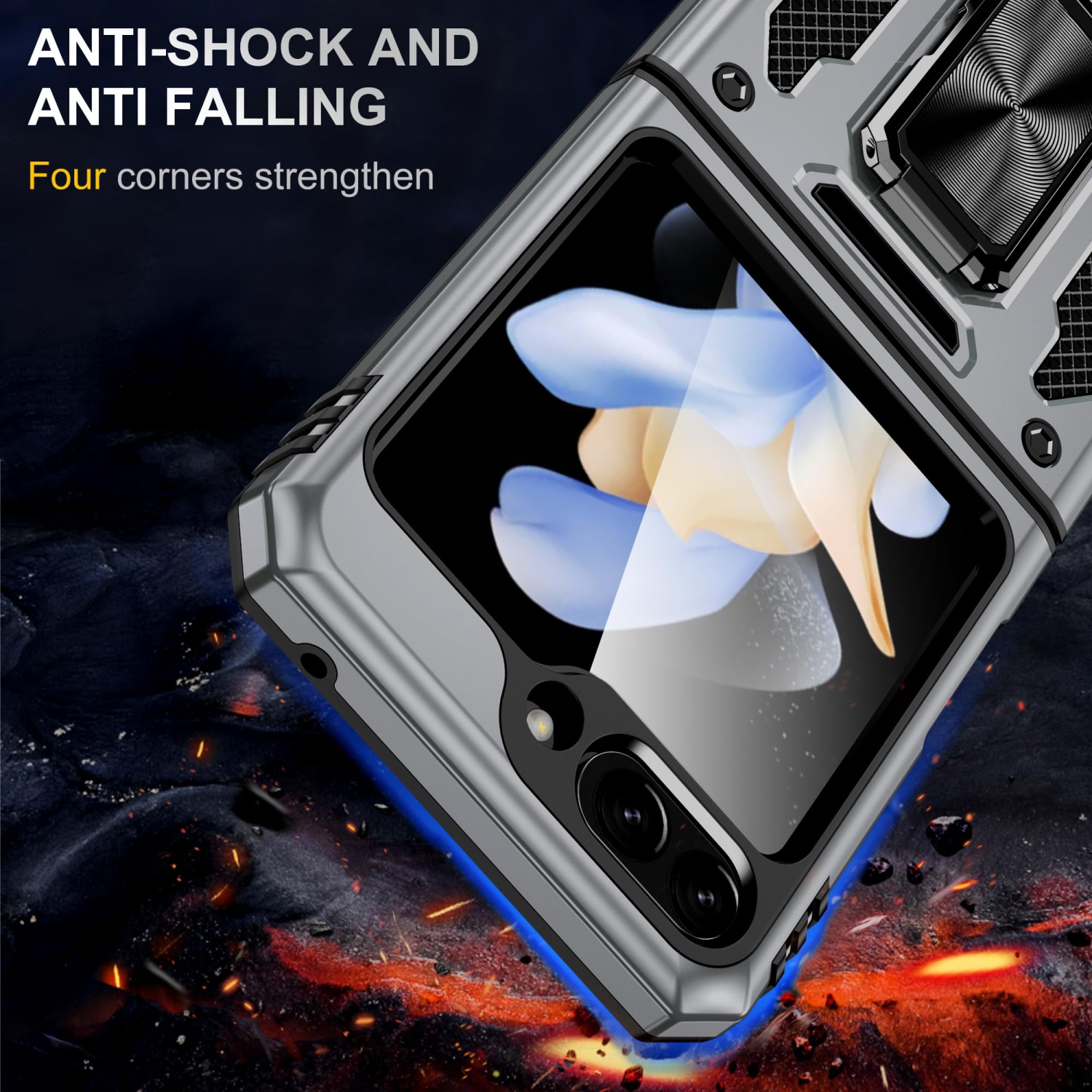 Z Flip 5 Case Shockproof Flip Z 5 Phone Case with 360°Rotate Magnetic Ring Stand for Samsung Galaxy Z Flip 5 5G 2023 - Grey