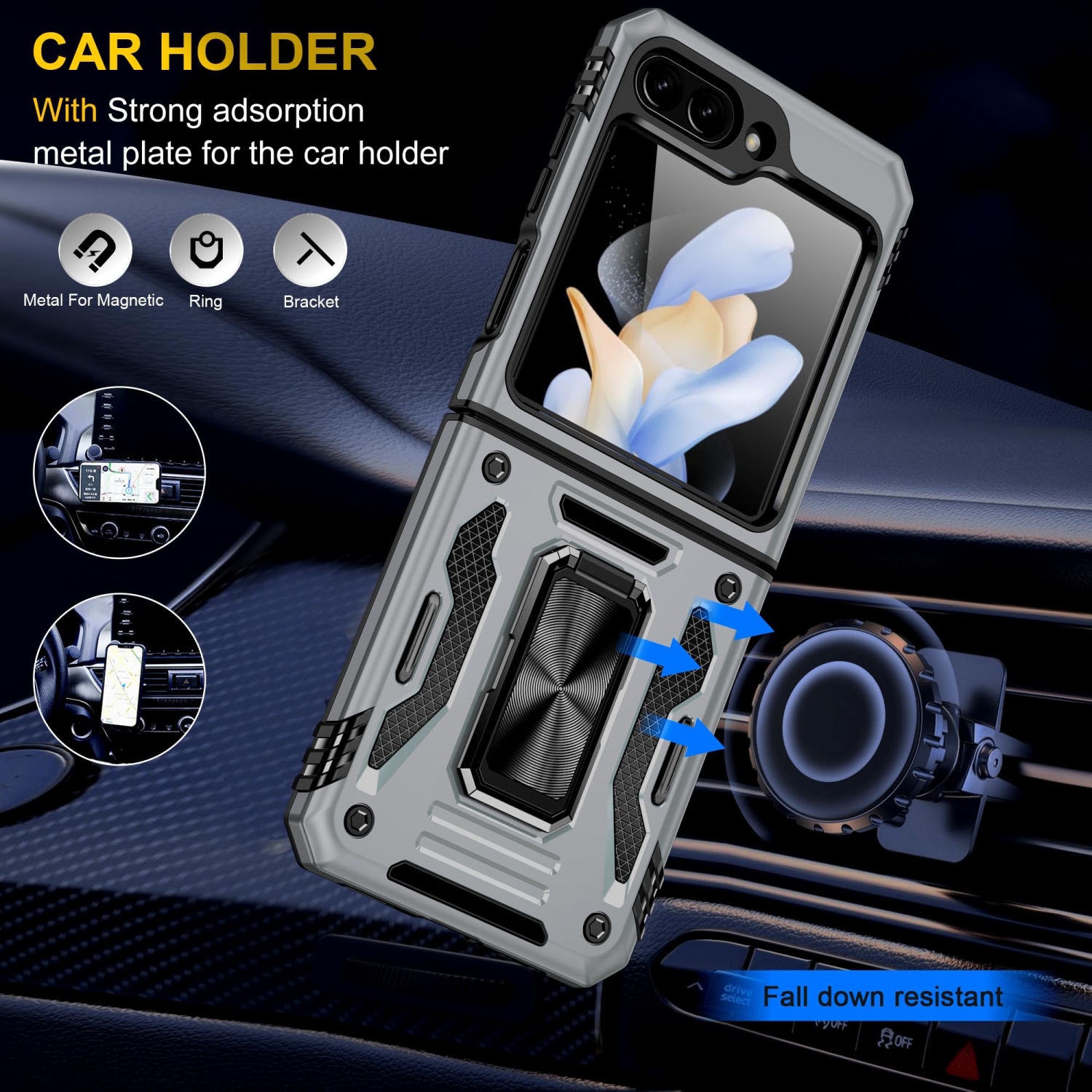 Z Flip 5 Case Shockproof Flip Z 5 Phone Case with 360°Rotate Magnetic Ring Stand for Samsung Galaxy Z Flip 5 5G 2023 - Grey