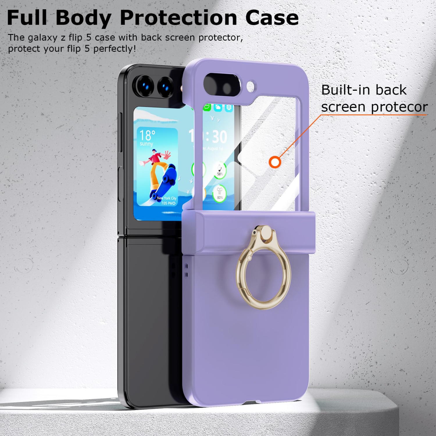 Compatible with Galaxy Z Flip 5 Case with Hinge Protection & Ring Kickstand, Slim and Thin Protective Case Cover for Samsung Z Flip 5 5G (Purple)