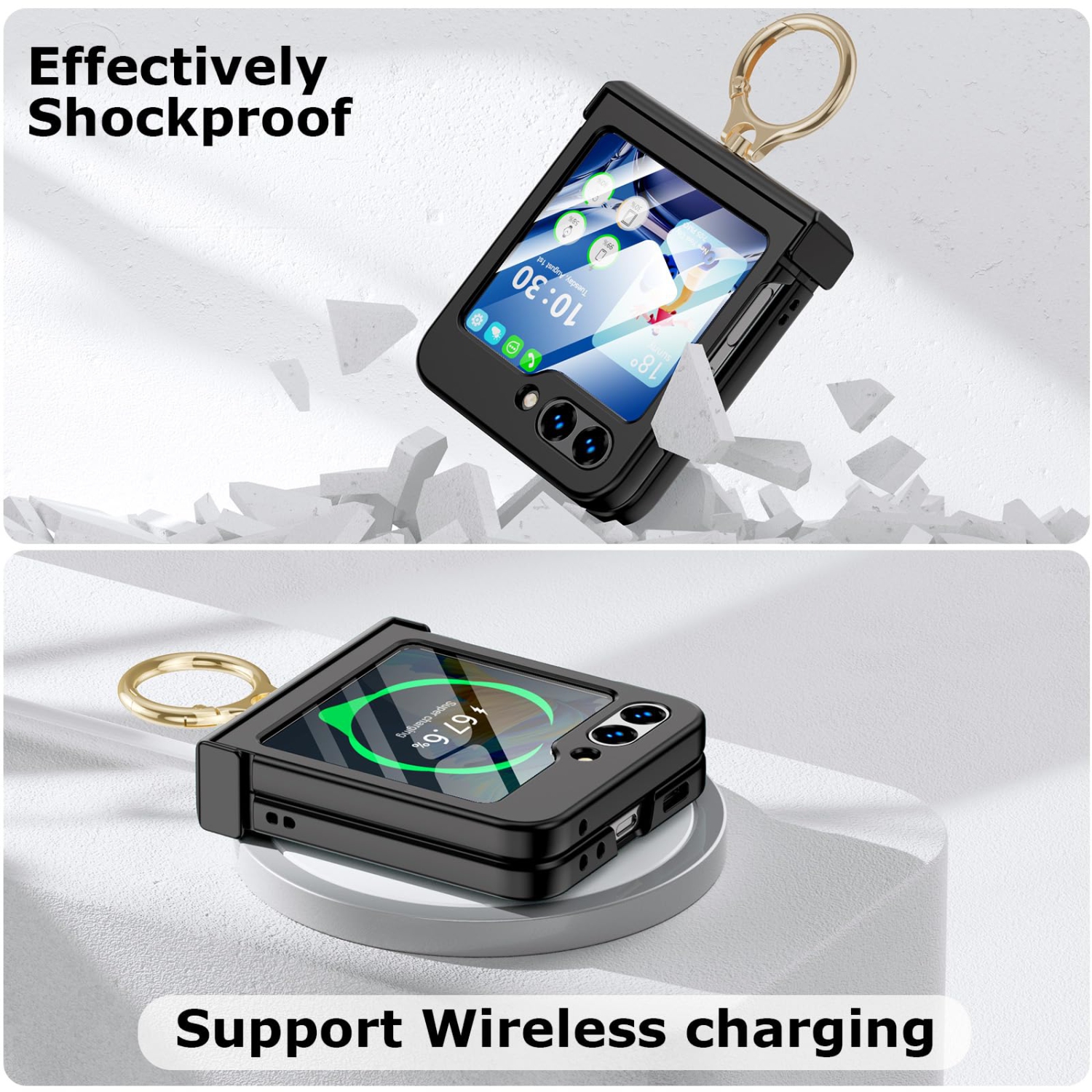 Compatible with Galaxy Z Flip 5 Case with Hinge Protection & Ring Kickstand, Slim and Thin Protective Case Cover for Samsung Z Flip 5 5G (Black)