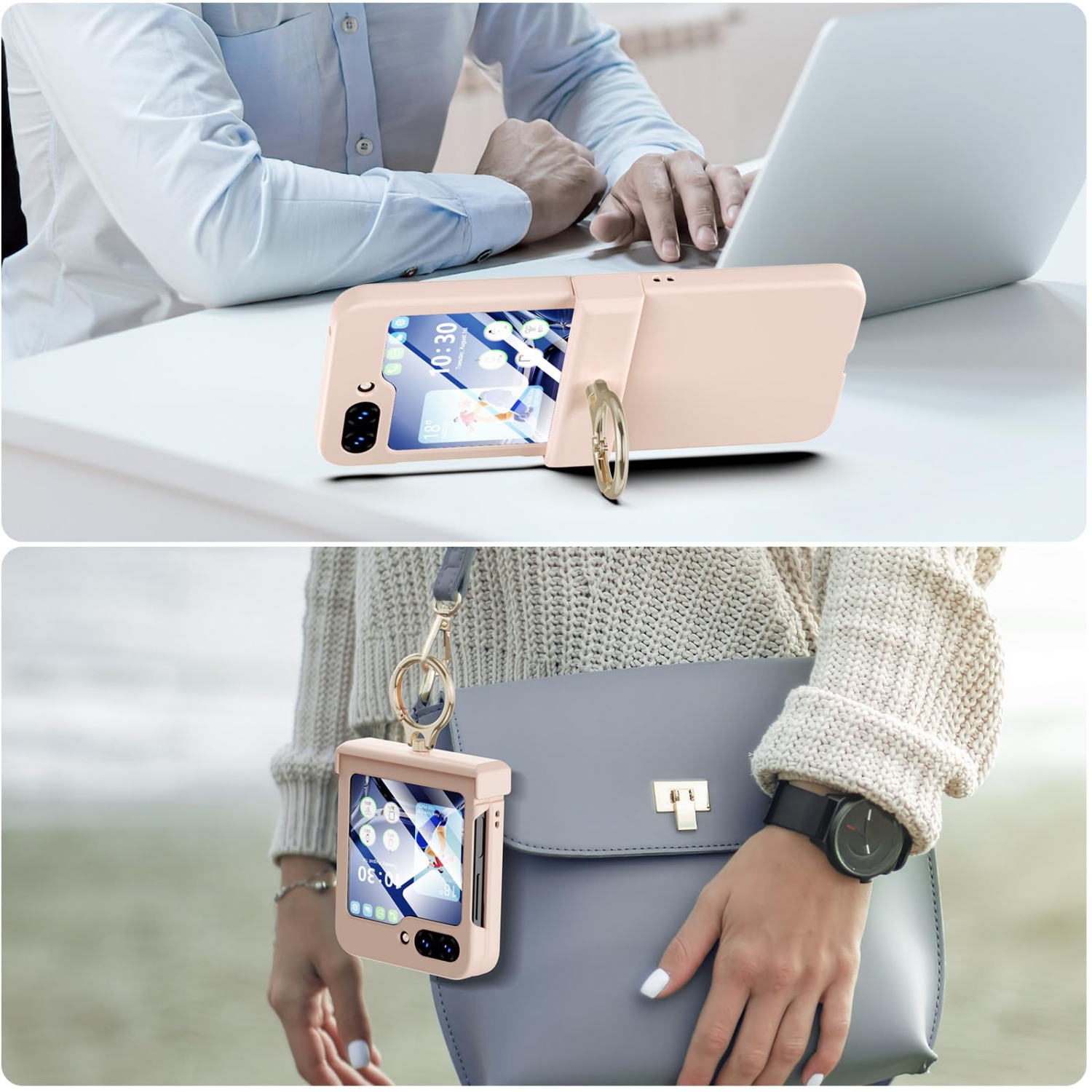 Compatible with Galaxy Z Flip 5 Case with Hinge Protection & Ring Kickstand, Slim and Thin Protective Case Cover for Samsung Z Flip 5 5G (Pink)