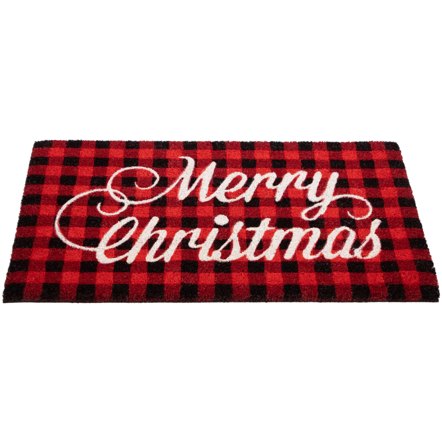 Red and Black Plaid "Merry Christmas" Natural Coir Christmas Outdoor Doormat 18" x 30"