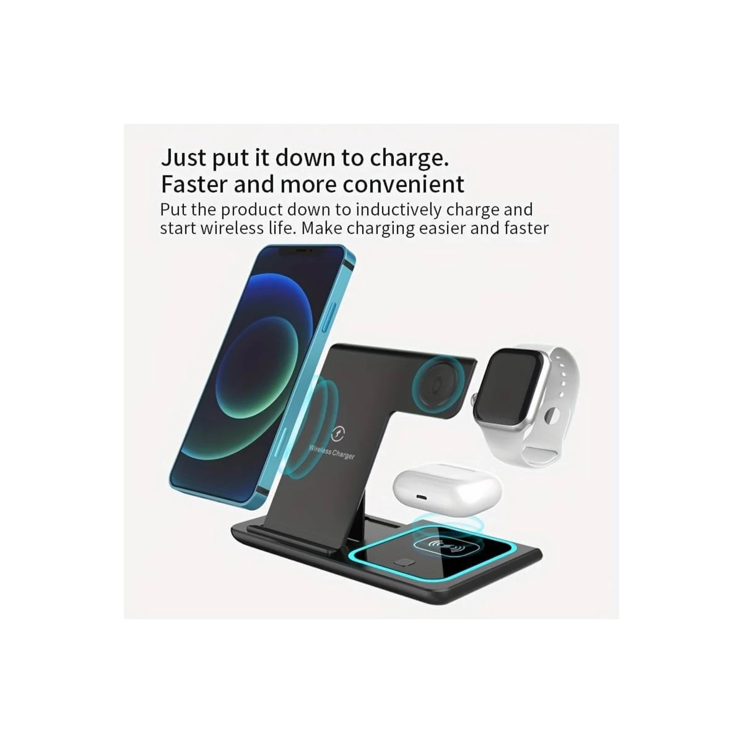 Chargeur sans fil 3-en-1, station de recharge pliable pour iPhone 17/16/15/14/13/12/11 Apple Watch et AirPods | Station de recharge rapide de 15 watts