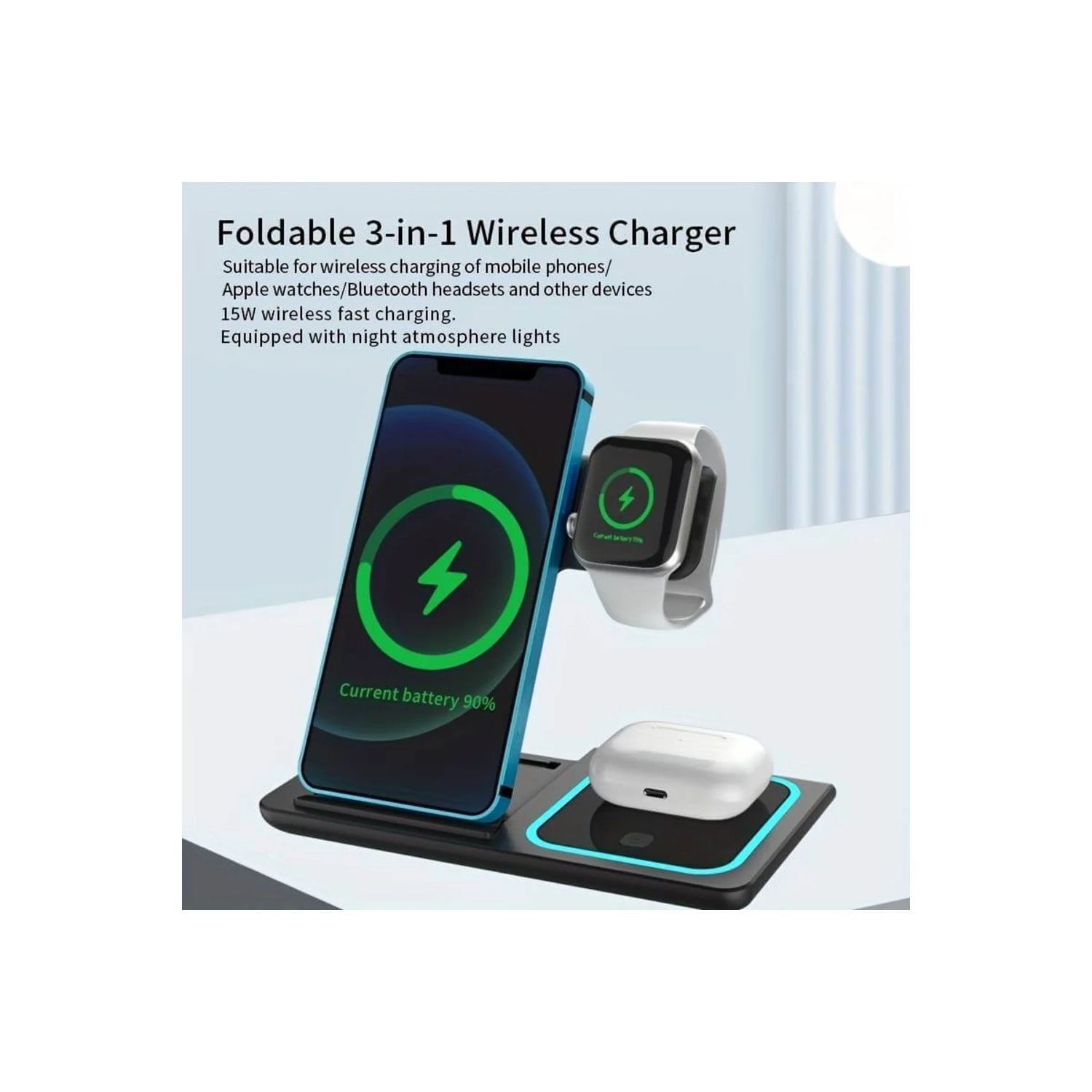 Chargeur sans fil 3-en-1, station de recharge pliable pour iPhone 17/16/15/14/13/12/11 Apple Watch et AirPods | Station de recharge rapide de 15 watts