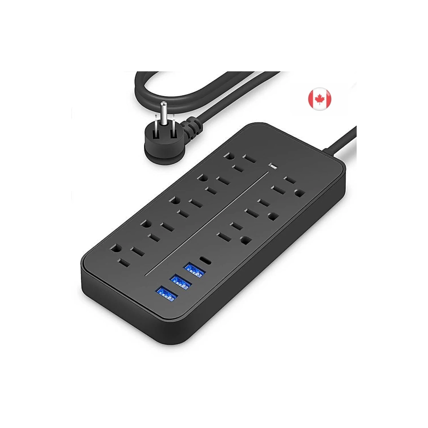 8 AC Outlets Surge Protector power bar 3 USB A & 1 USB C Ports, 4ft Extension Cord - Power Strip & in Sleek Black for Home, Office, Kitchen, Garage & Dorms