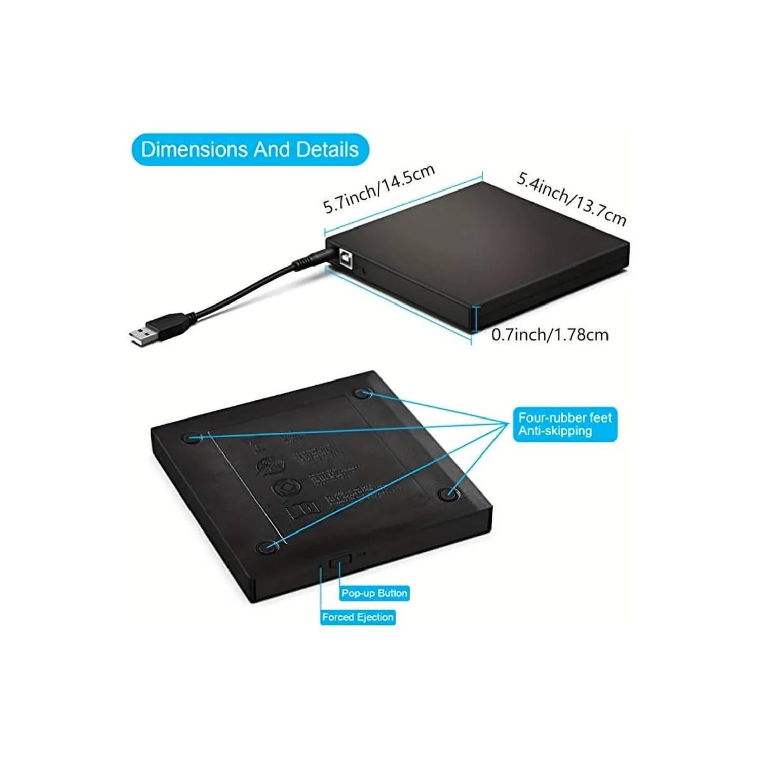 Lecteur de CD et DVD externe mince USB 2,0 : Graveur de CD-RW & DVD-RW portable pour ordinateur portable, ordinateur de bureau - transfert de données