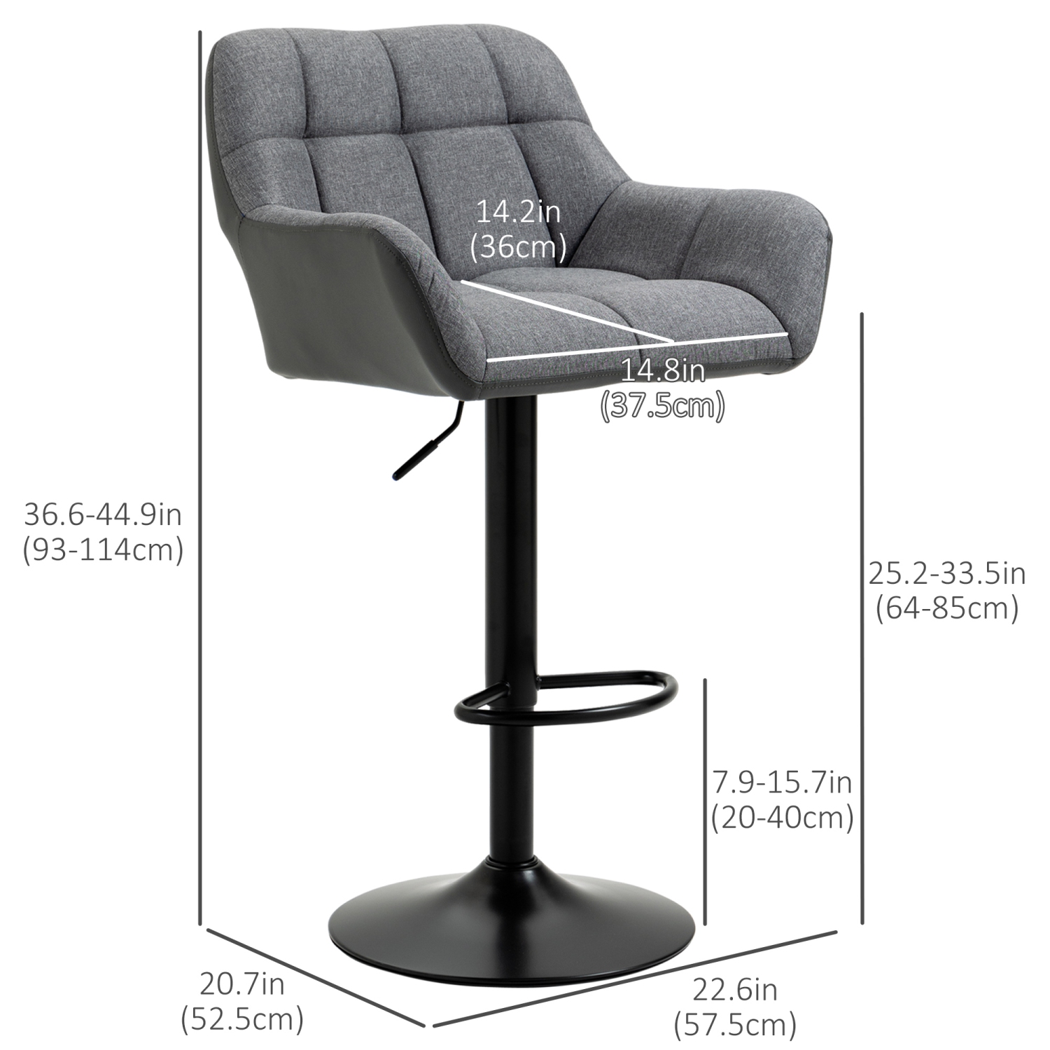 HOMCOM Adjustable Bar Stools Set of 2, Swivel Tufted Linen Fabric Barstools with Footrest and Armrests, Bar Chairs for Kitchen Counter and Dining