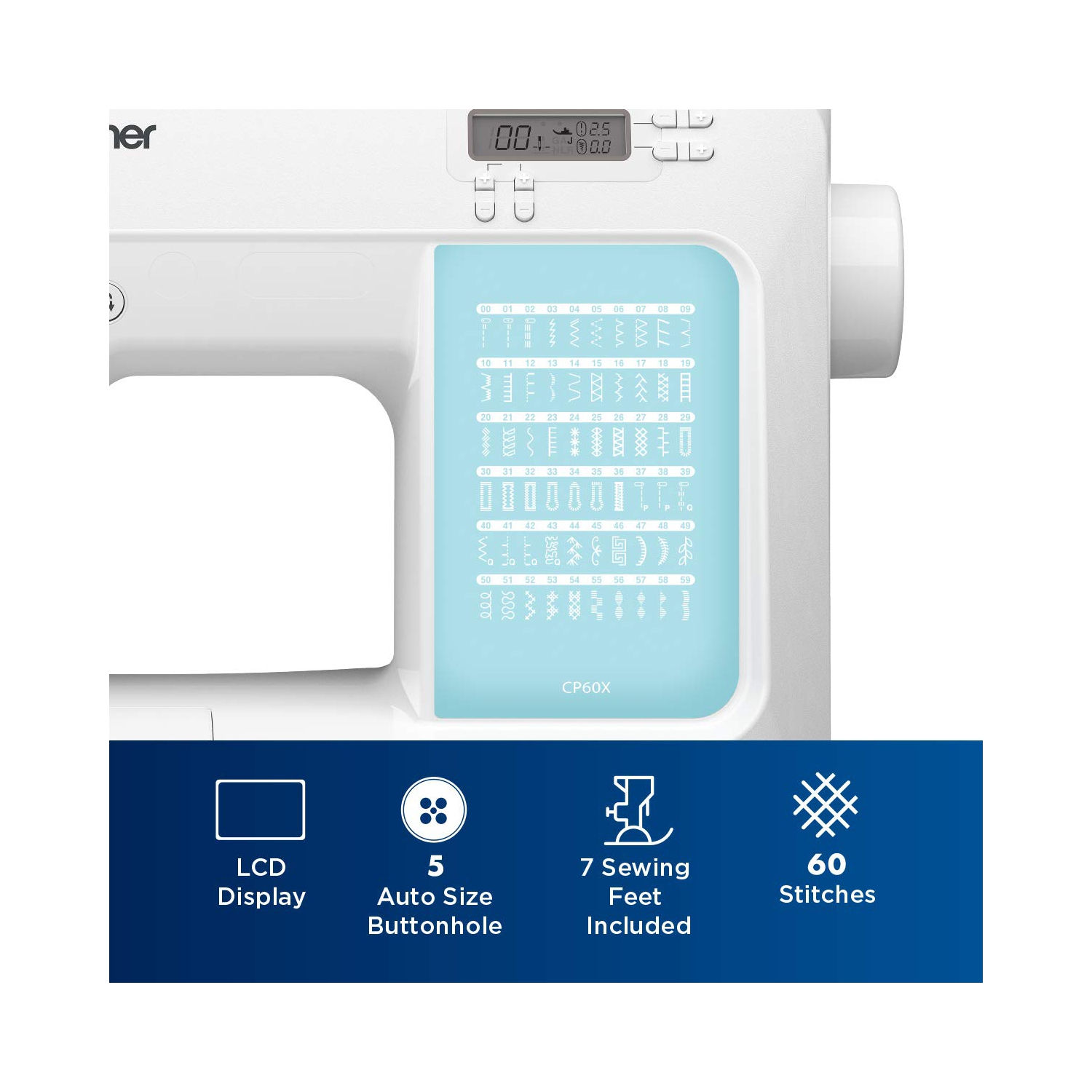 Brother – machine à coudre informatisée CP60X, 60 points de couture intégrés, écran ACL, 7 pieds inclus, blanc