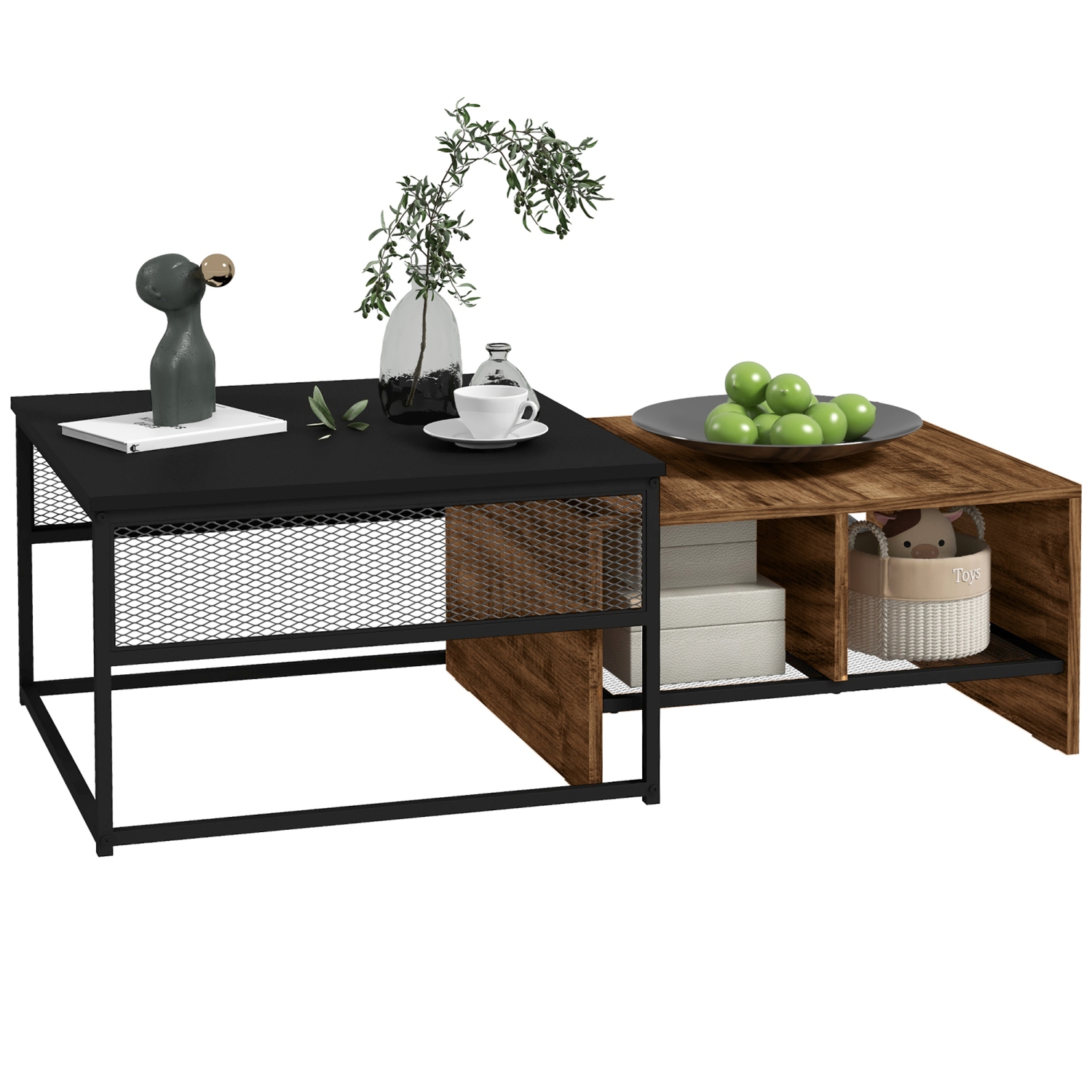 HOMCOM Nesting Tables Set of 2, Industrial Coffee Table Set, Square Coffee Table and 2-tier Narrow Side Table with Storage Mesh Shelves, Steel Frame