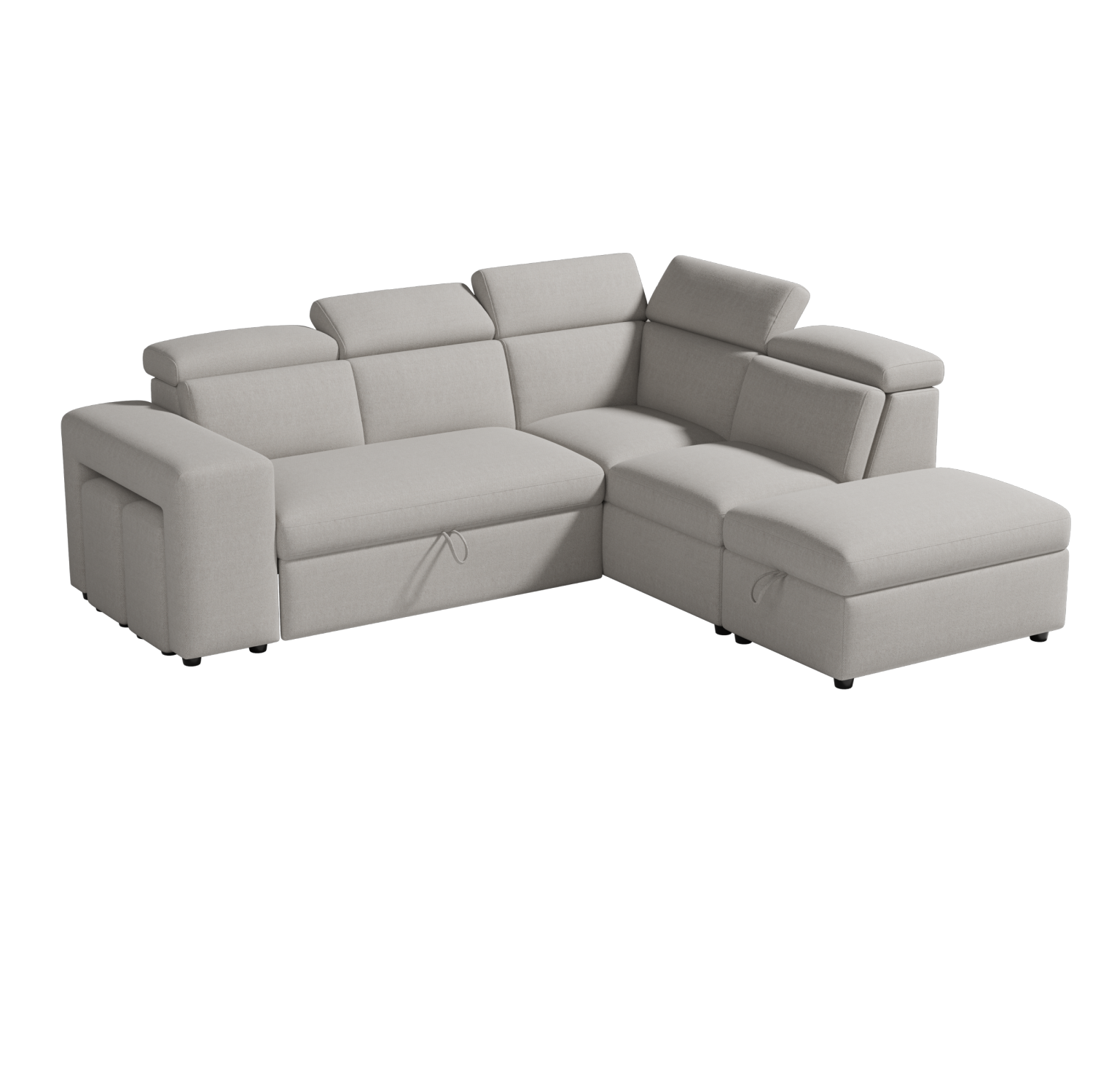 Valencia Finn, canapé-lit modulaire en tissu avec pouf de rangement et 2 tabourets, rangement à droite, gris pâle