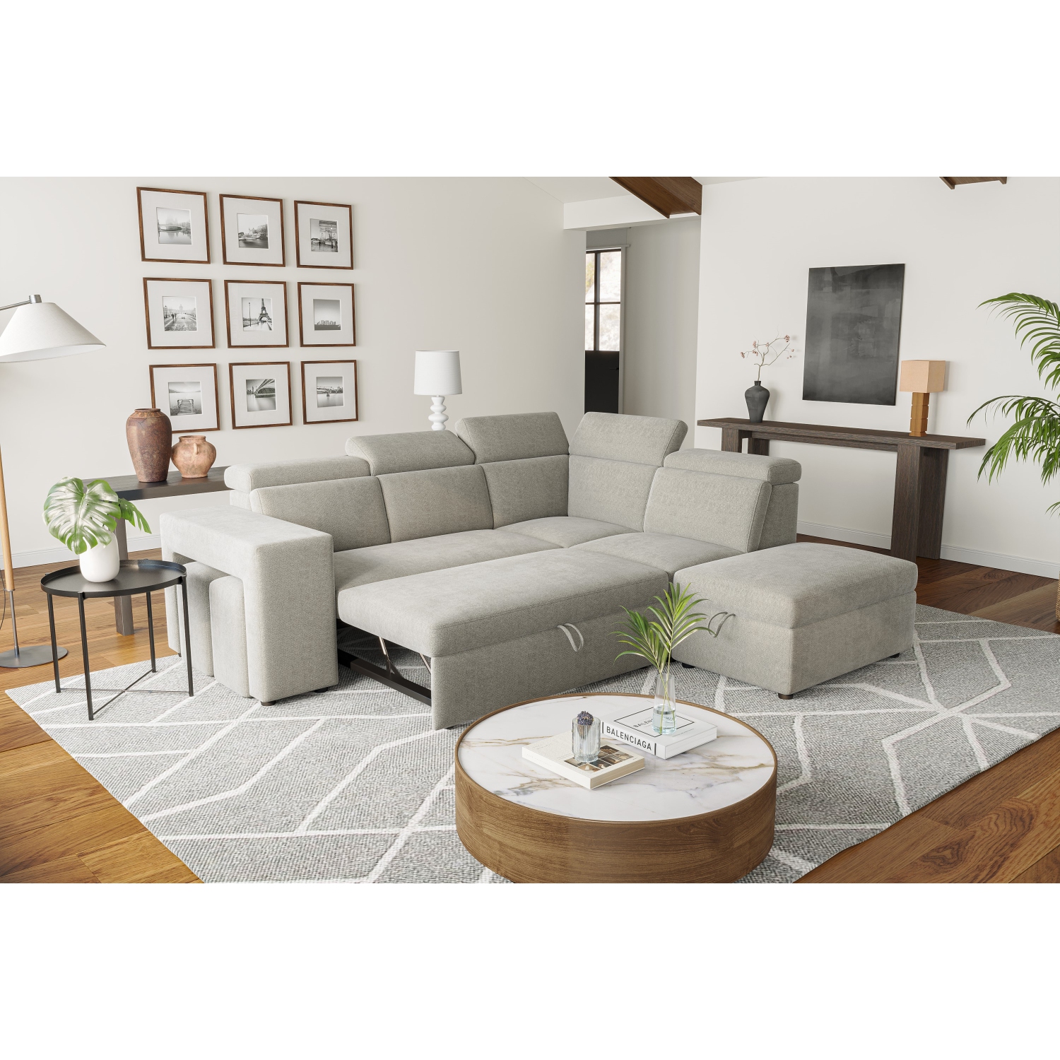 Valencia Finn, canapé-lit modulaire en tissu avec pouf de rangement et 2 tabourets, rangement à droite, gris pâle