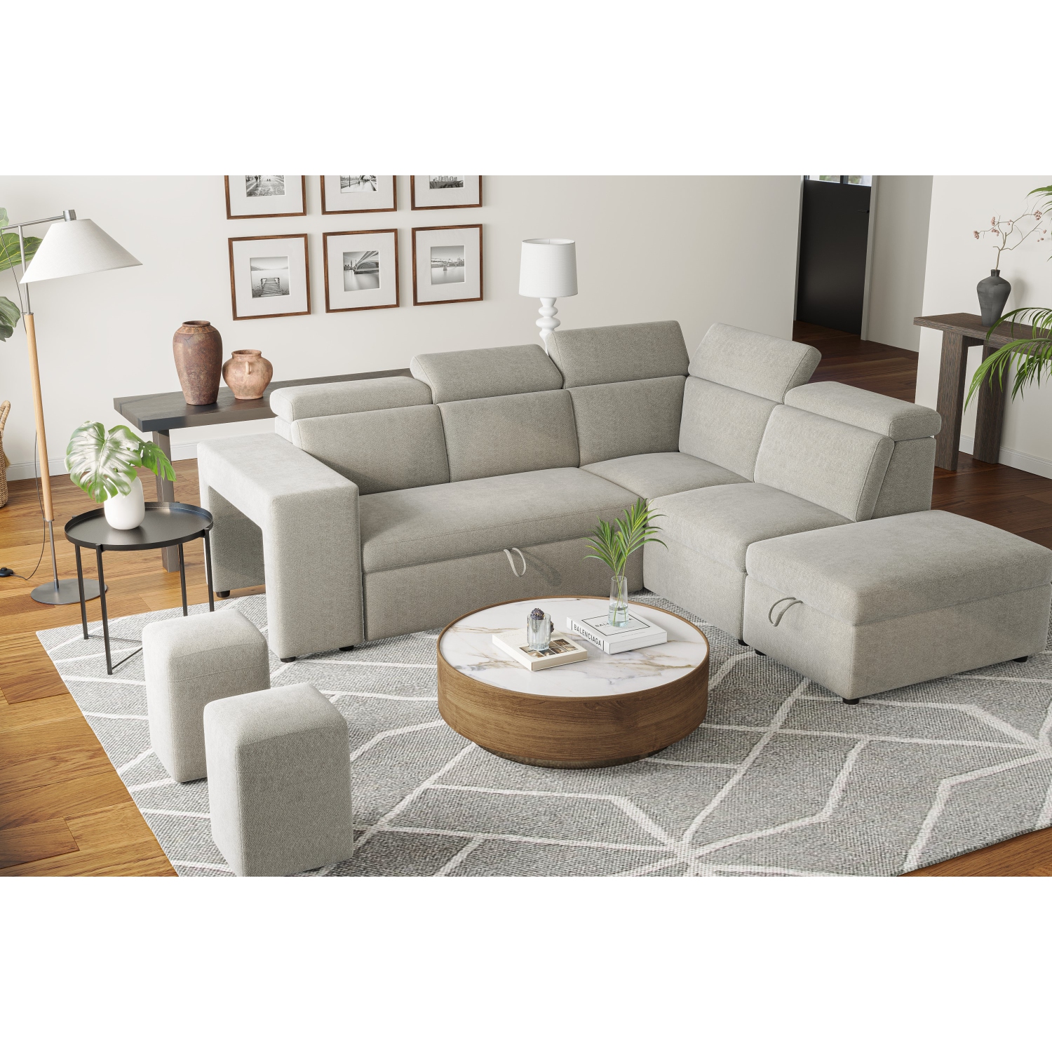 Valencia Finn, canapé-lit modulaire en tissu avec pouf de rangement et 2 tabourets, rangement à droite, gris pâle