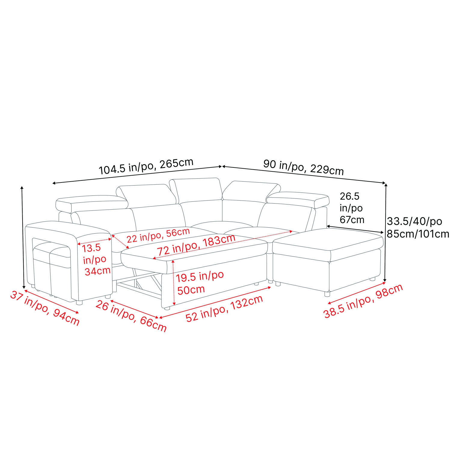 Valencia Finn, canapé-lit modulaire en tissu avec pouf de rangement et 2 tabourets, rangement à droite, gris pâle