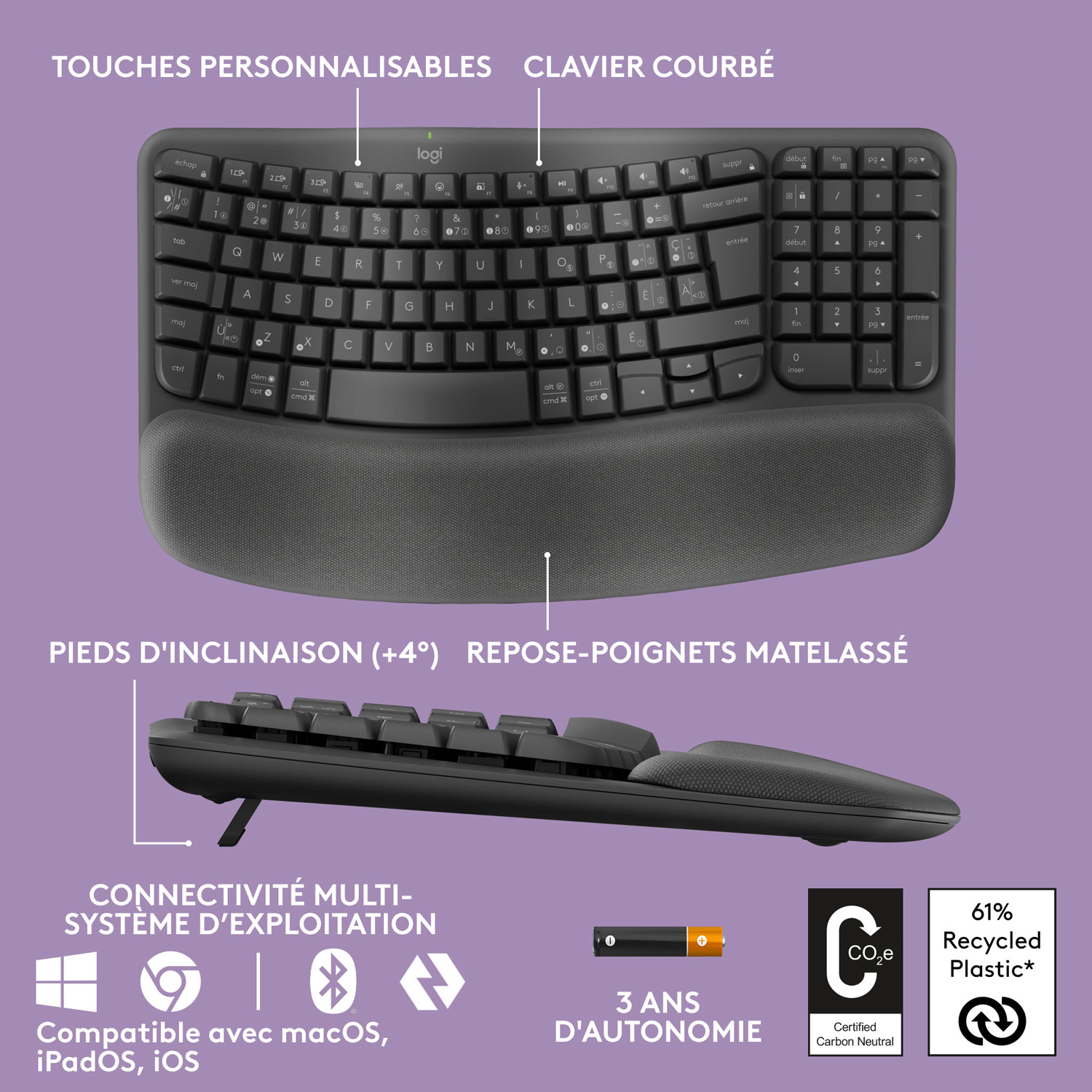 Ensemble avec clavier ergonomique sans fil et souris optique sans fil Wave Keys MK670 de Logitech - Graphite - Français