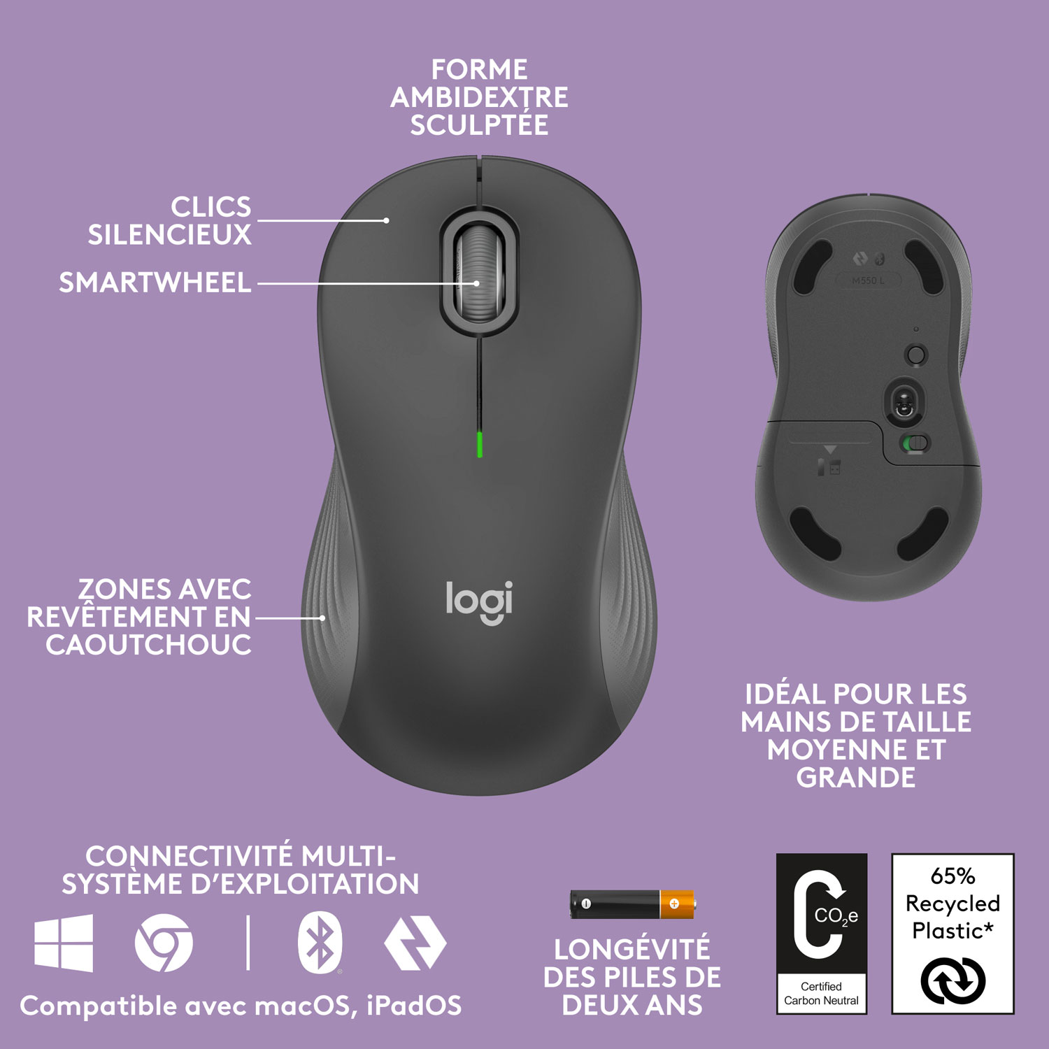 Ensemble avec clavier ergonomique sans fil et souris optique sans fil Wave Keys MK670 de Logitech - Graphite - Français